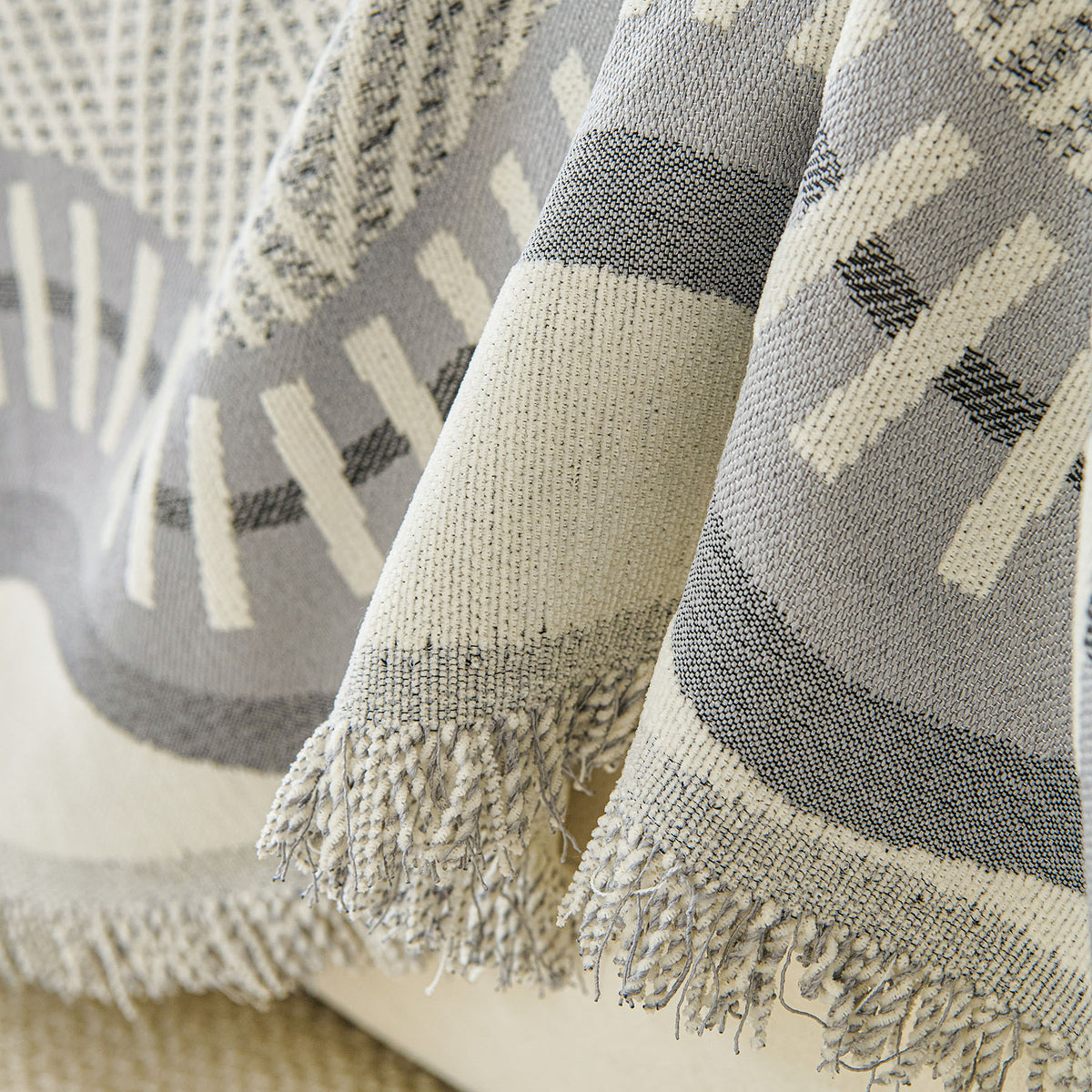 Modern Boho Chenille Herringbone Sofa Throw Cover, Geometric Couch Protector with Fringe