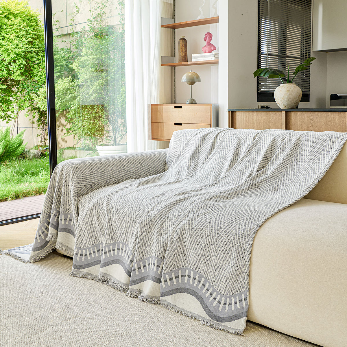 Modern Boho Chenille Herringbone Sofa Throw Cover, Geometric Couch Protector with Fringe
