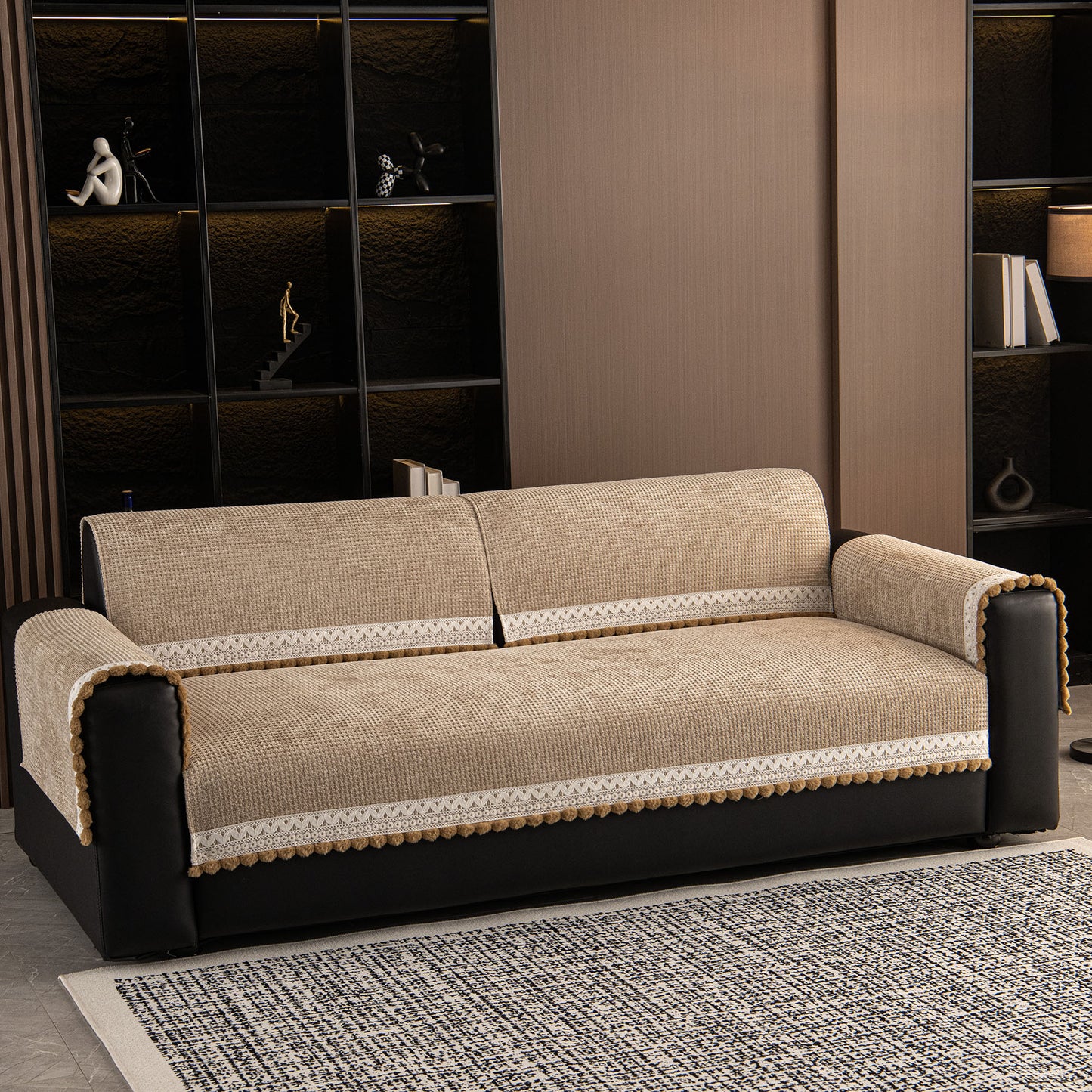 Non-Slip Waffle Texture Couch Cover with Lace Trim, Separate Sectional Sofa Protector