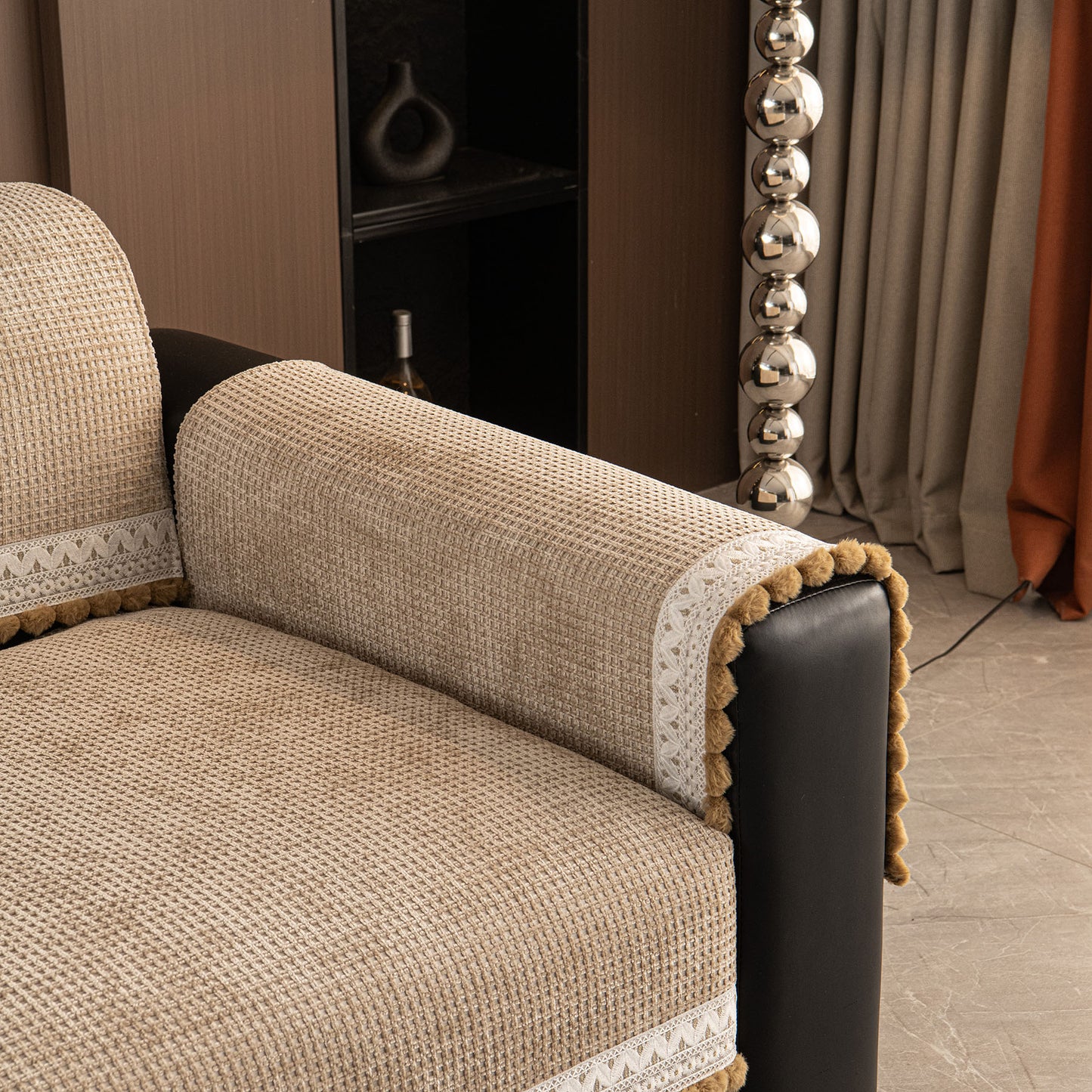 Non-Slip Waffle Texture Couch Cover with Lace Trim, Separate Sectional Sofa Protector