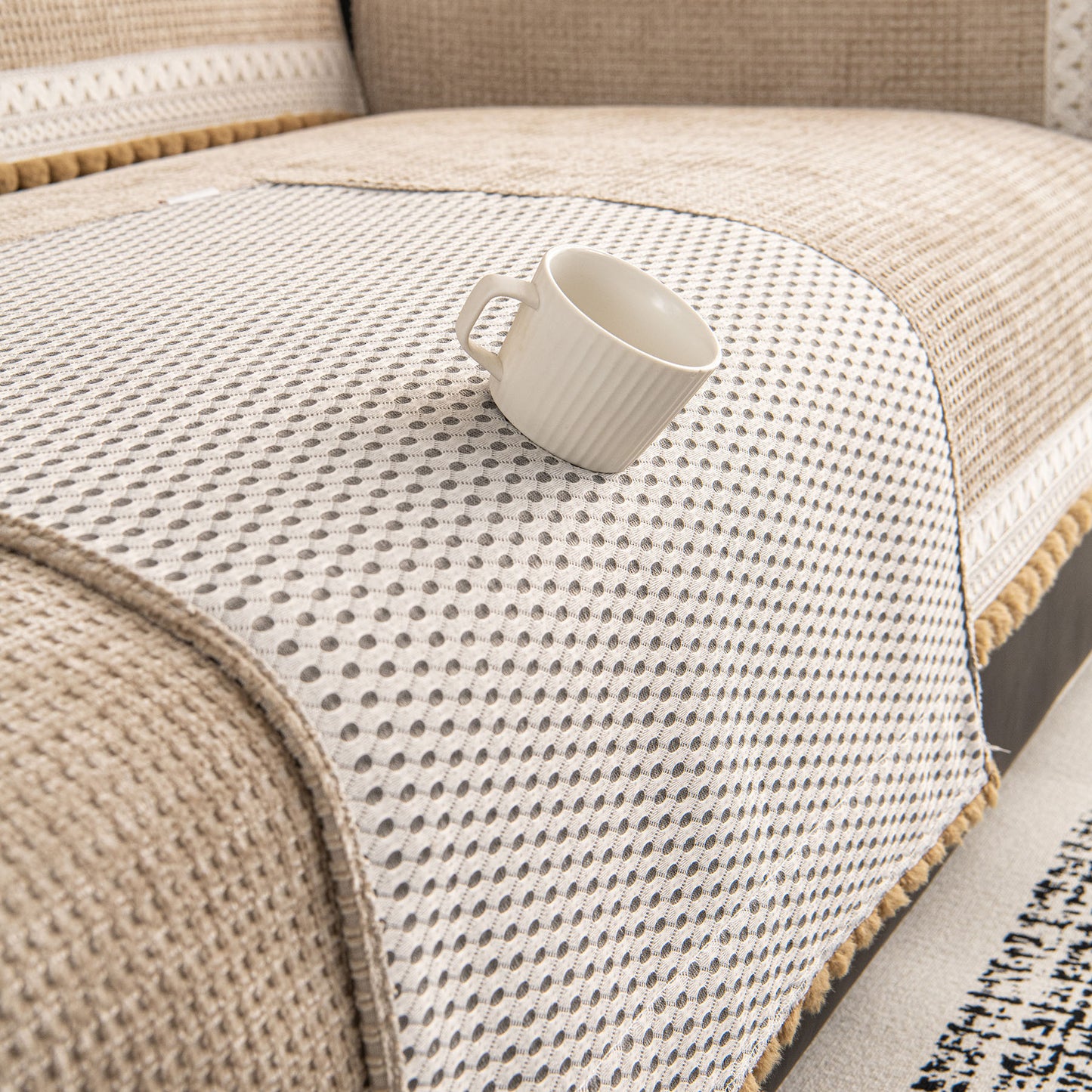 Non-Slip Waffle Texture Couch Cover with Lace Trim, Separate Sectional Sofa Protector