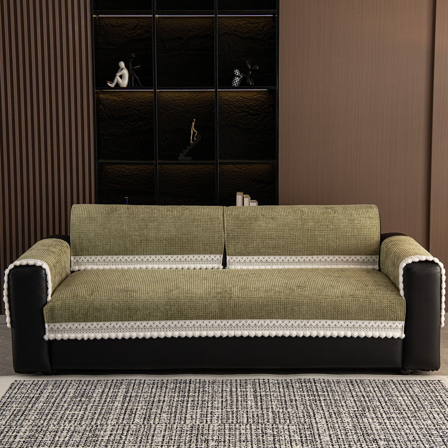 Non-Slip Waffle Texture Couch Cover with Lace Trim, Separate Sectional Sofa Protector