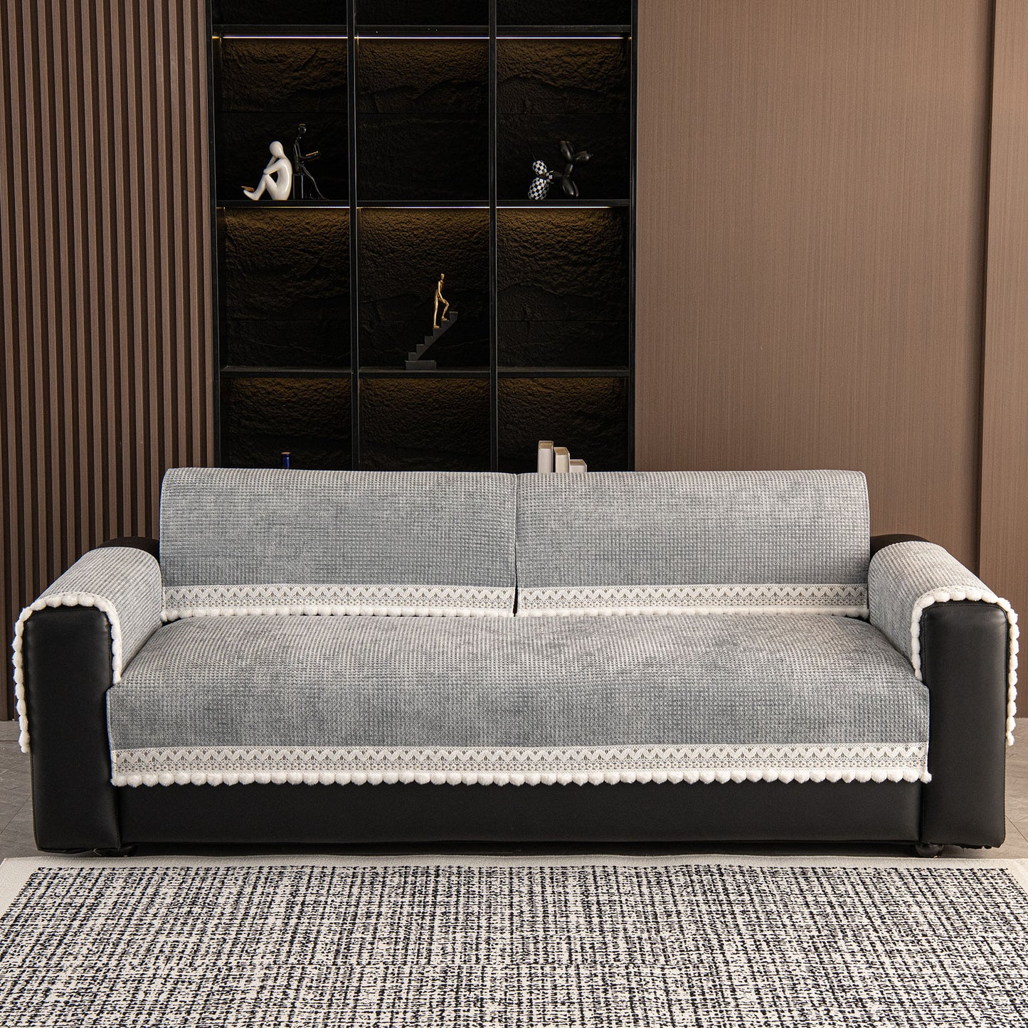 Non-Slip Waffle Texture Couch Cover with Lace Trim, Separate Sectional Sofa Protector