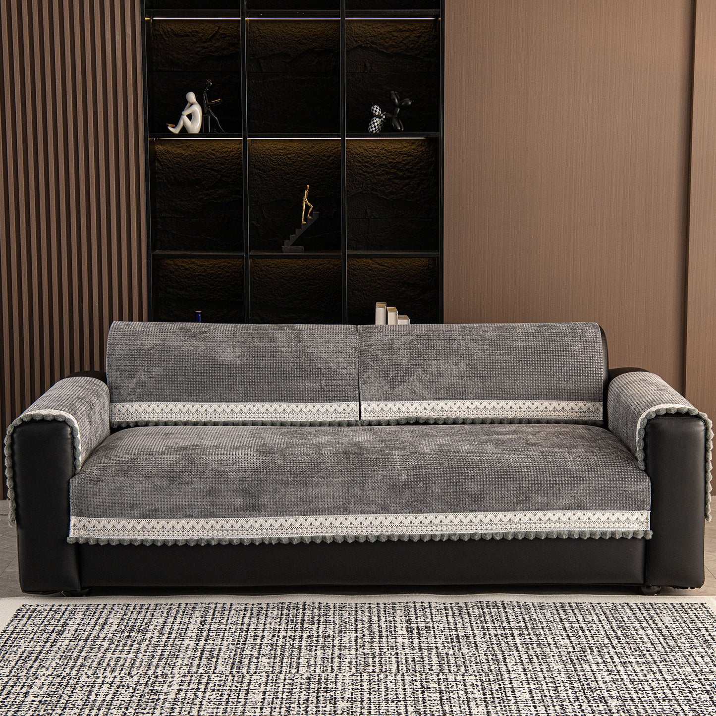 Non-Slip Waffle Texture Couch Cover with Lace Trim, Separate Sectional Sofa Protector