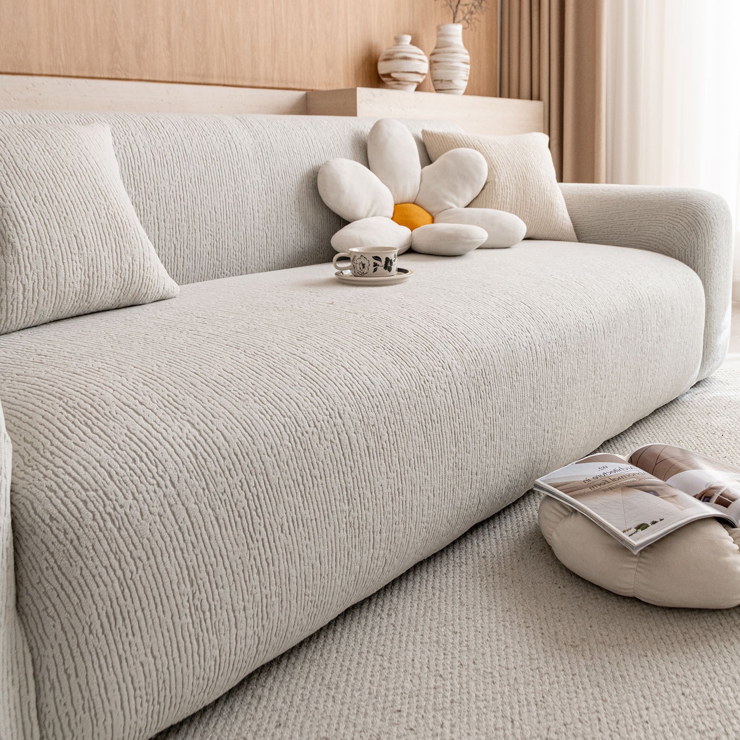 Stretch Textured Vertical Stripe Couch Slipcover, Soft Jacquard Elastic Sofa Cover