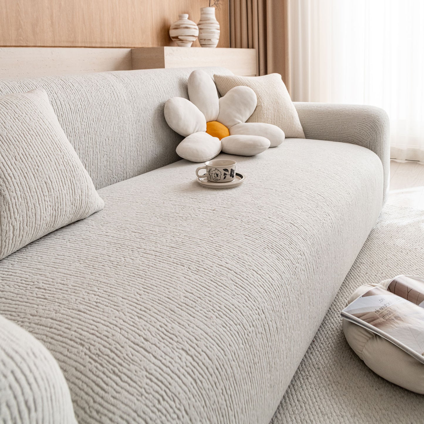 Stretch Textured Vertical Stripe Couch Slipcover, Soft Jacquard Elastic Sofa Cover