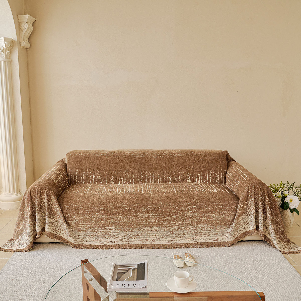 Distressed Abstract Chenille Sofa Throw Cover, Decorative Couch Protector with Tassels