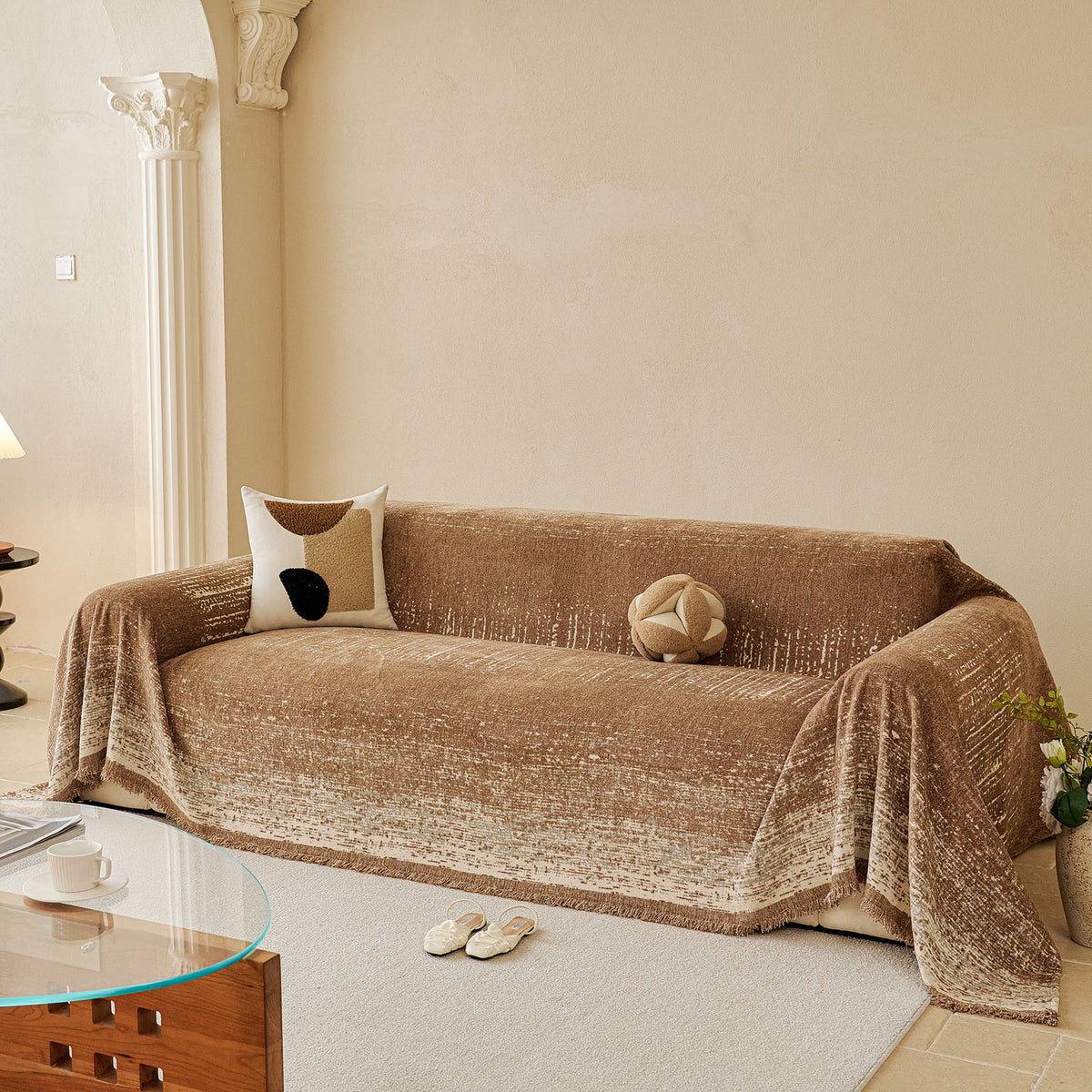 Distressed Abstract Chenille Sofa Throw Cover, Decorative Couch Protector with Tassels