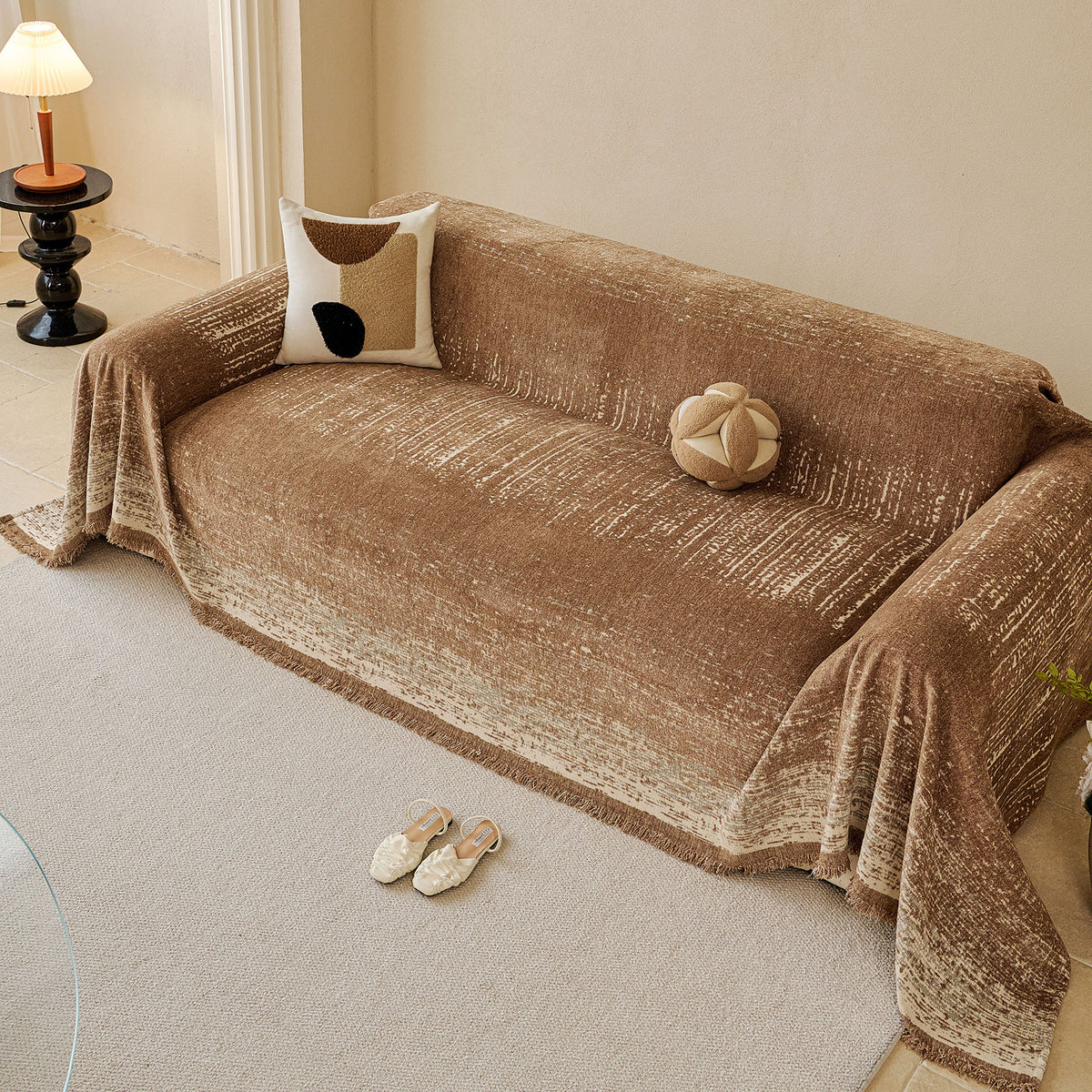 Distressed Abstract Chenille Sofa Throw Cover, Decorative Couch Protector with Tassels