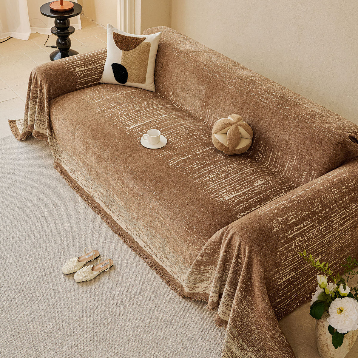 Distressed Abstract Chenille Sofa Throw Cover, Decorative Couch Protector with Tassels
