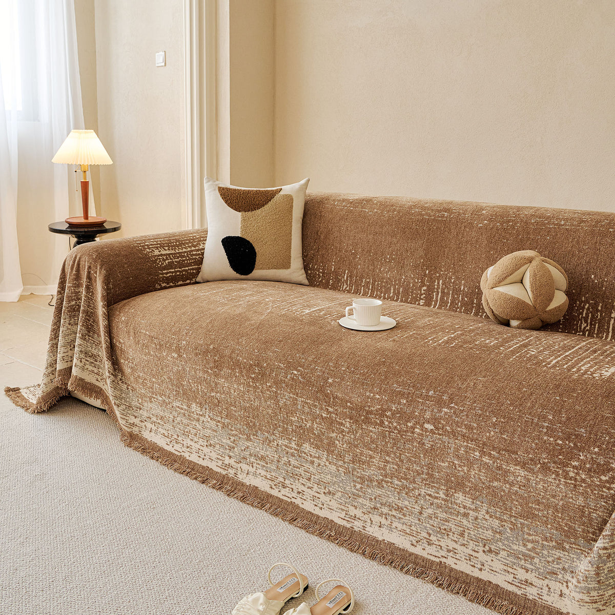 Distressed Abstract Chenille Sofa Throw Cover, Decorative Couch Protector with Tassels