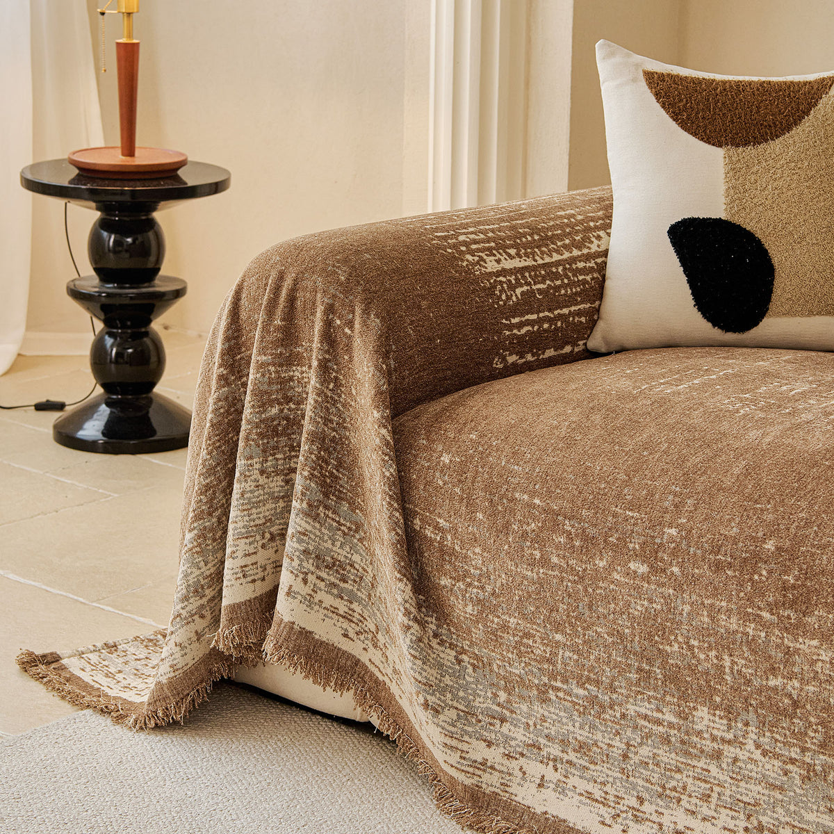 Distressed Abstract Chenille Sofa Throw Cover, Decorative Couch Protector with Tassels