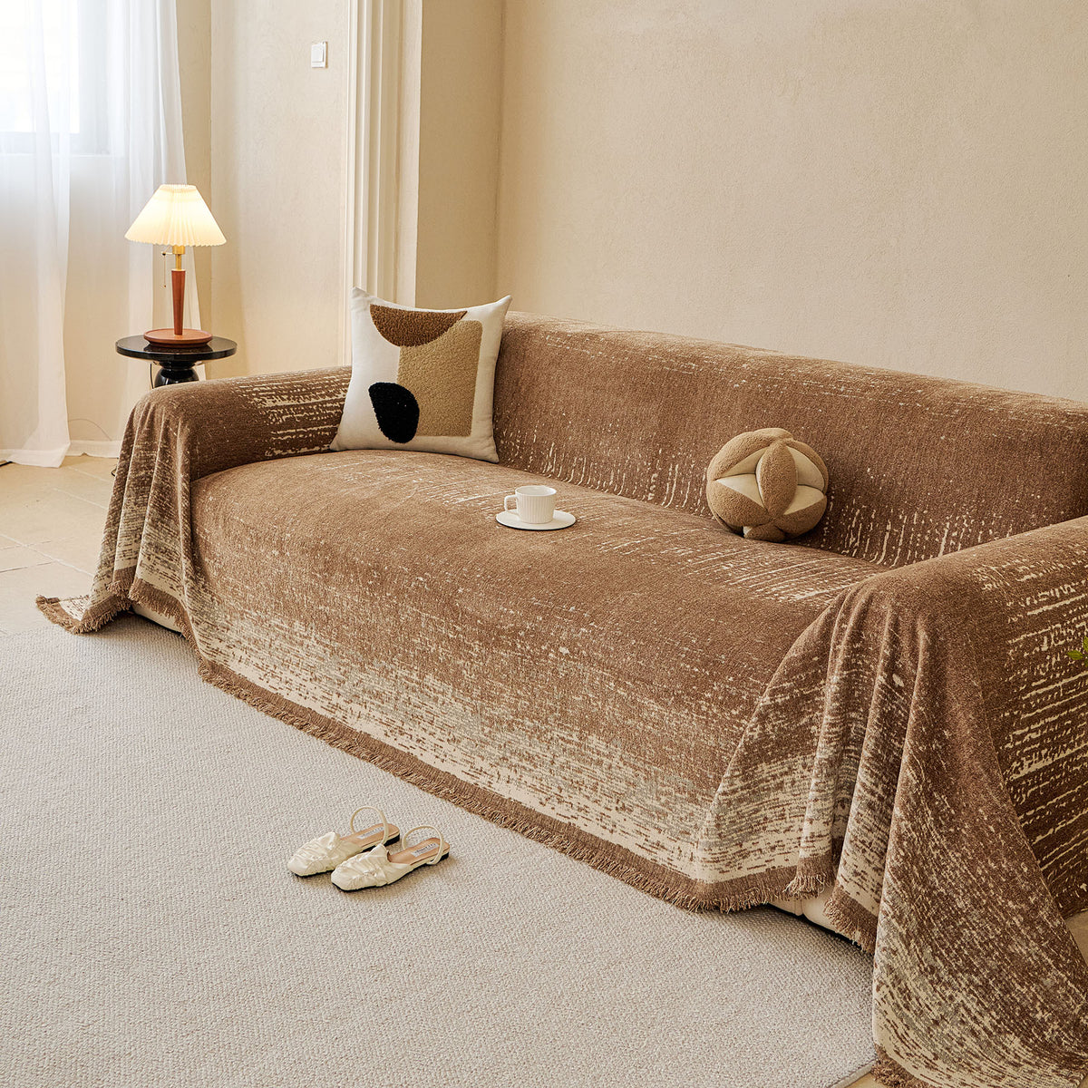 Distressed Abstract Chenille Sofa Throw Cover, Decorative Couch Protector with Tassels