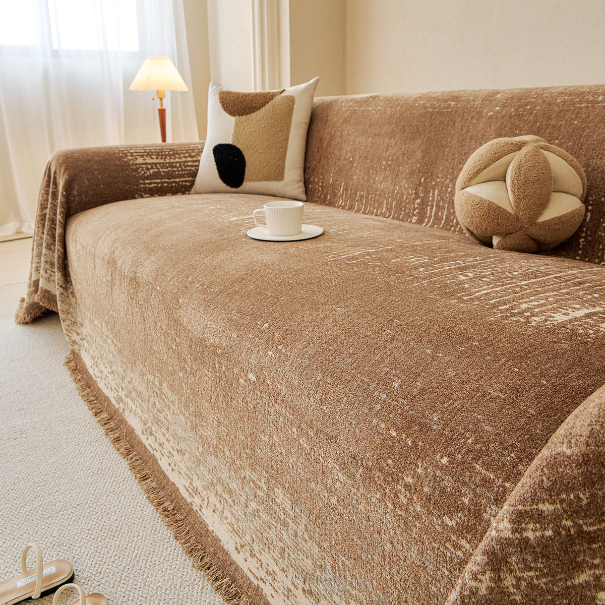 Distressed Abstract Chenille Sofa Throw Cover, Decorative Couch Protector with Tassels