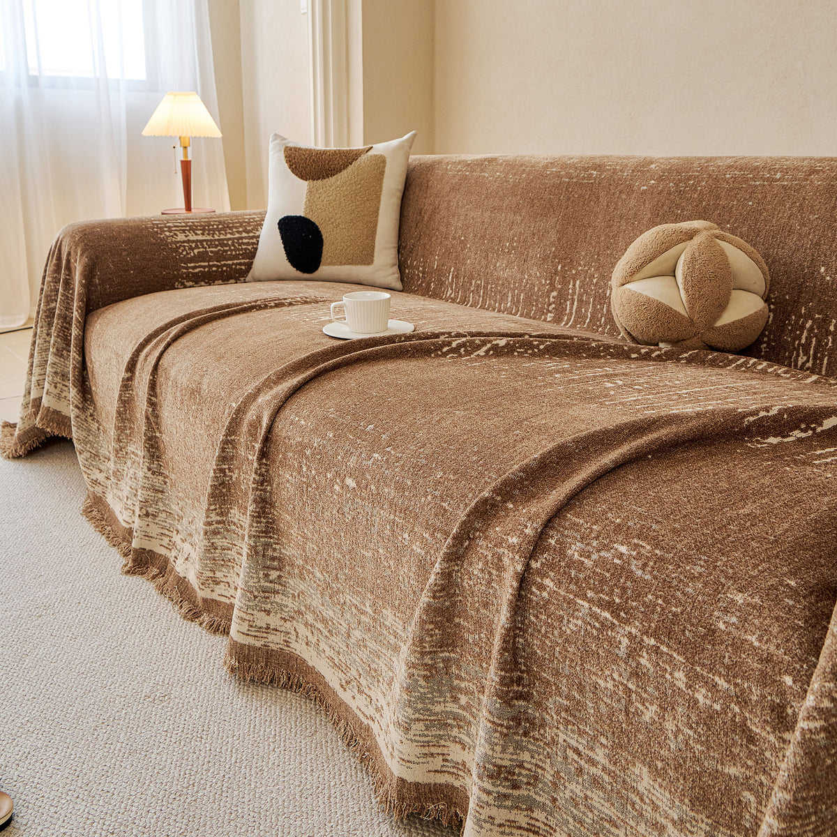 Distressed Abstract Chenille Sofa Throw Cover, Decorative Couch Protector with Tassels