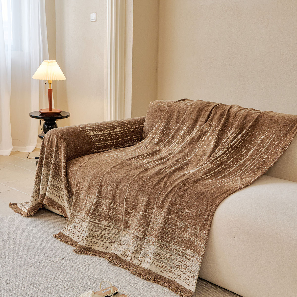 Distressed Abstract Chenille Sofa Throw Cover, Decorative Couch Protector with Tassels