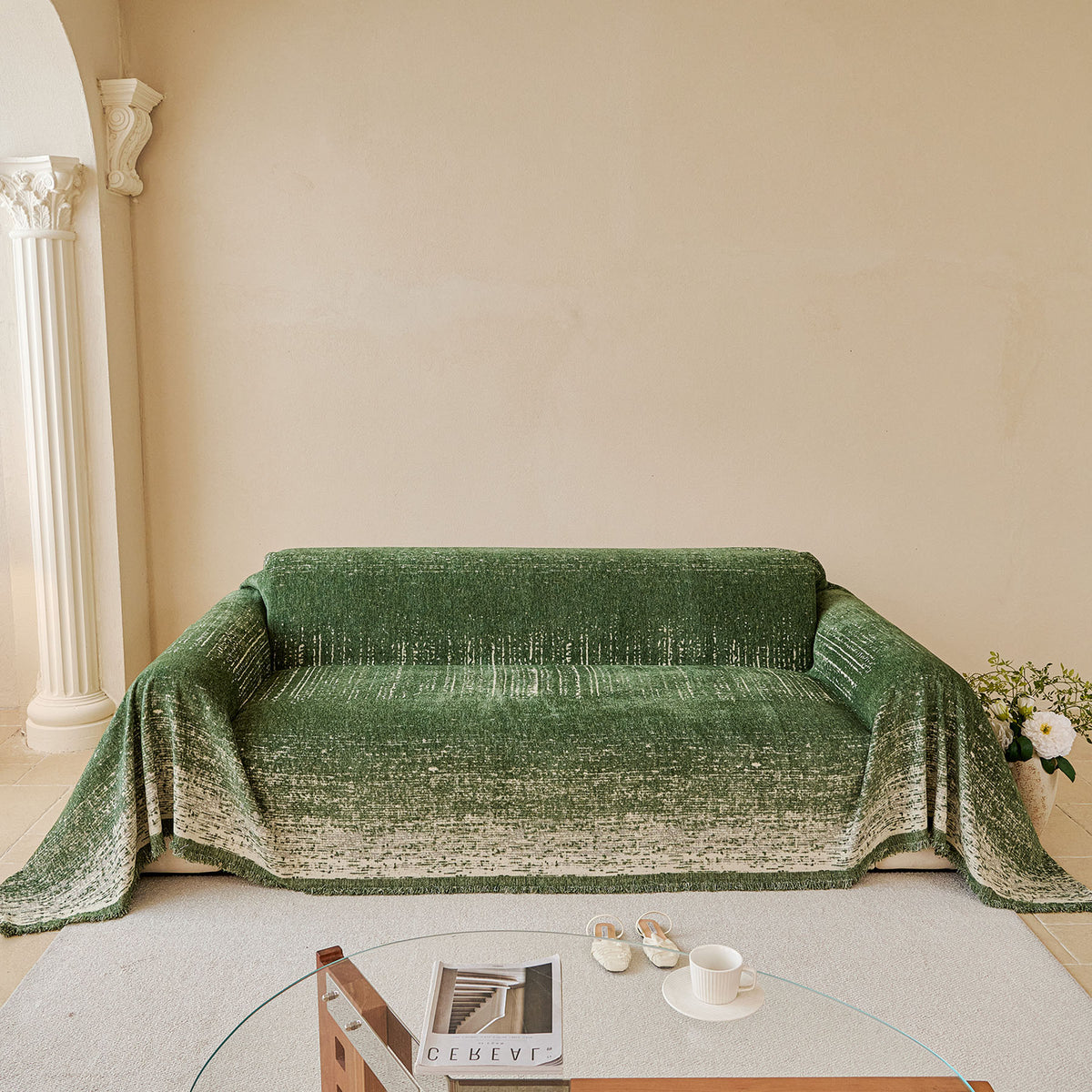 Distressed Abstract Chenille Sofa Throw Cover, Decorative Couch Protector with Tassels