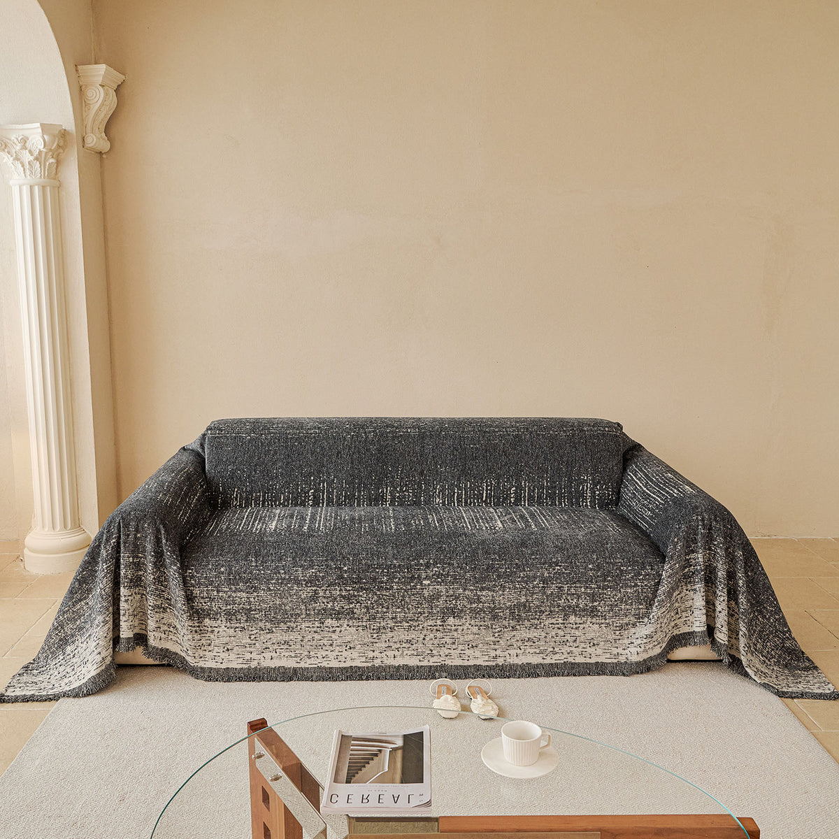Distressed Abstract Chenille Sofa Throw Cover, Decorative Couch Protector with Tassels