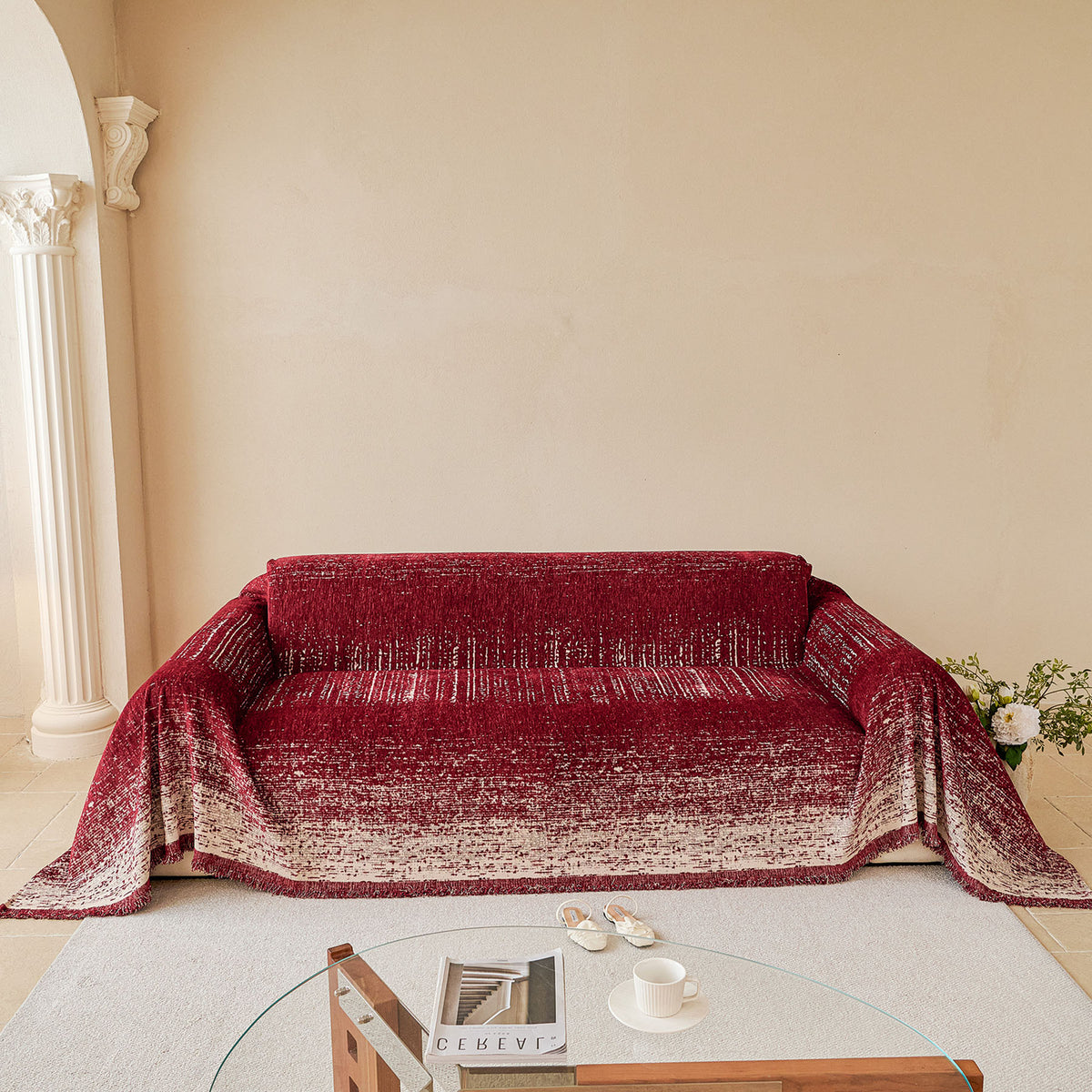 Distressed Abstract Chenille Sofa Throw Cover, Decorative Couch Protector with Tassels