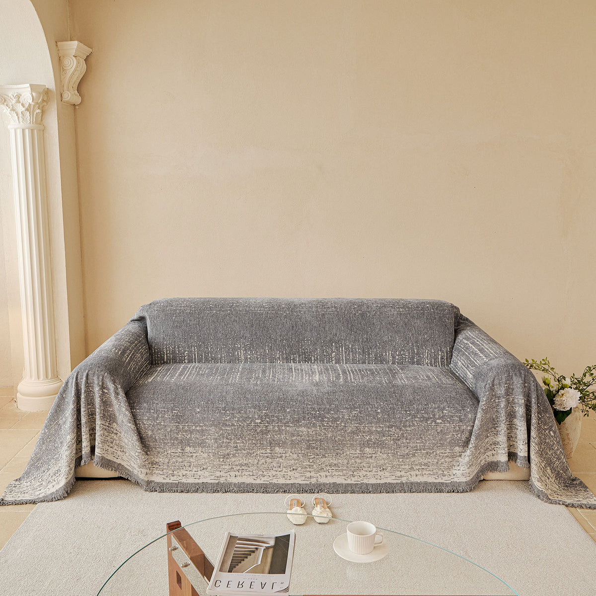 Distressed Abstract Chenille Sofa Throw Cover, Decorative Couch Protector with Tassels