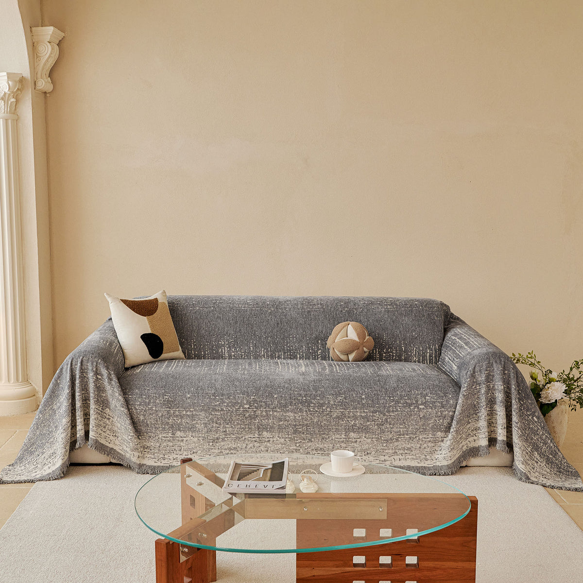 Distressed Abstract Chenille Sofa Throw Cover, Decorative Couch Protector with Tassels