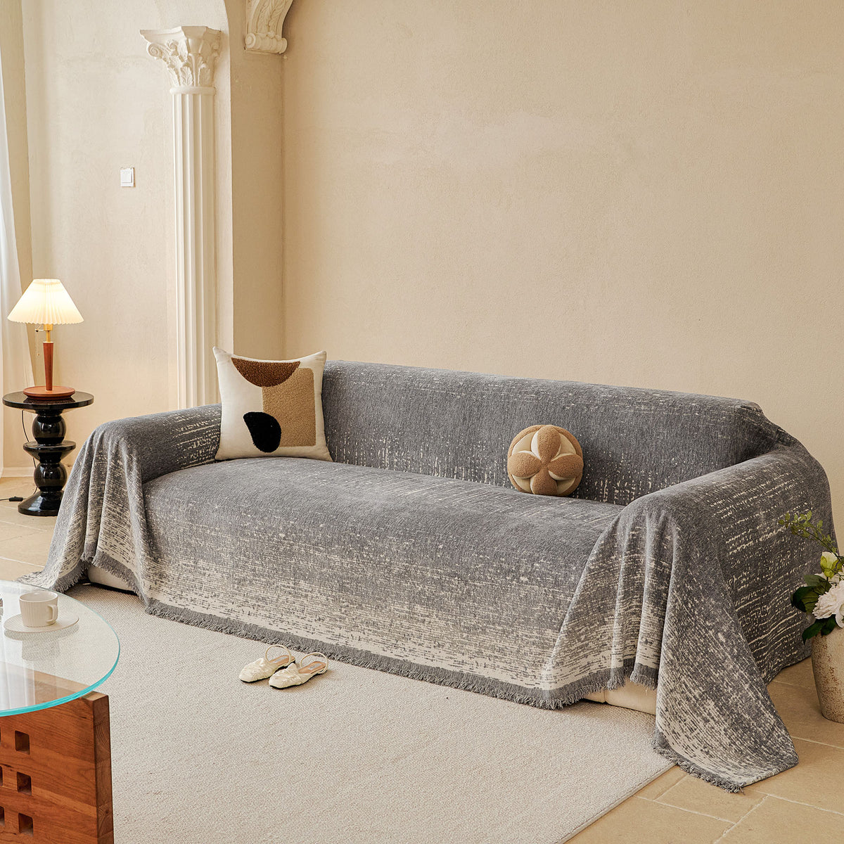 Distressed Abstract Chenille Sofa Throw Cover, Decorative Couch Protector with Tassels