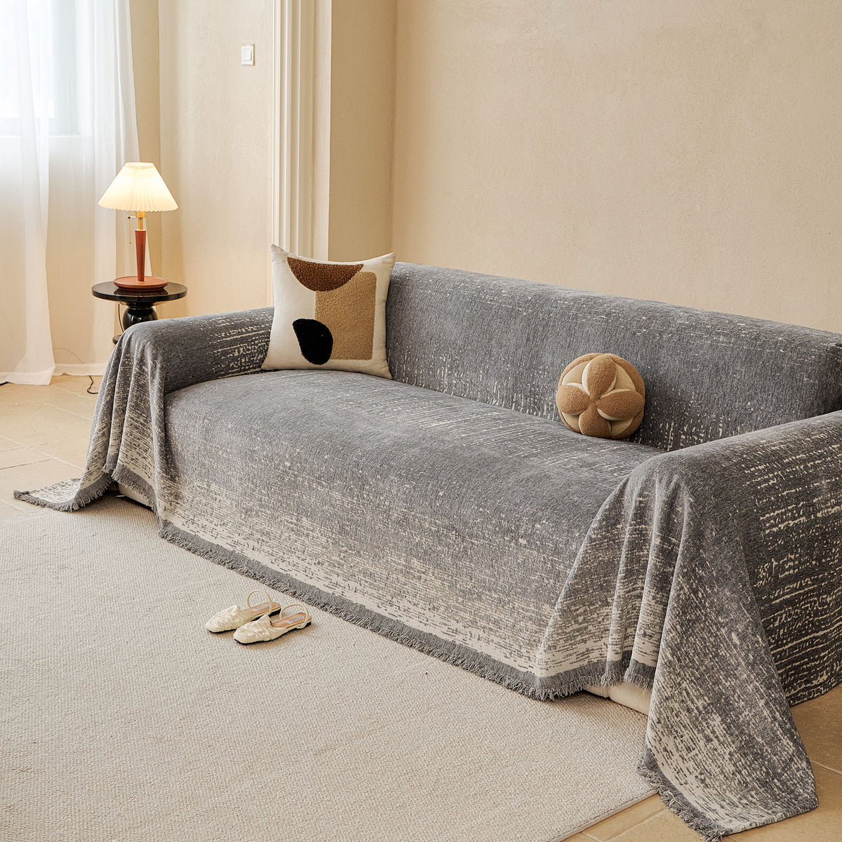 Distressed Abstract Chenille Sofa Throw Cover, Decorative Couch Protector with Tassels