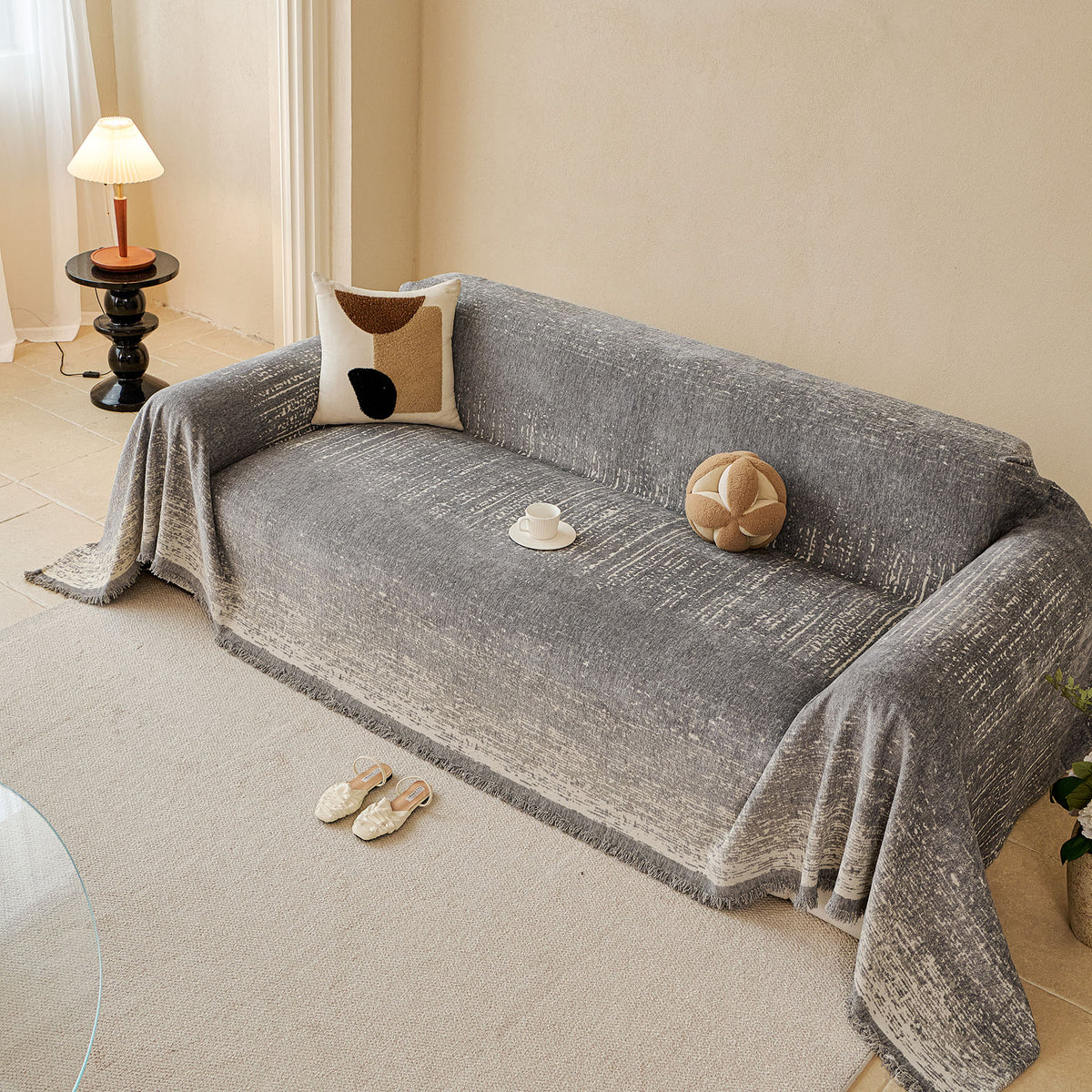 Distressed Abstract Chenille Sofa Throw Cover, Decorative Couch Protector with Tassels