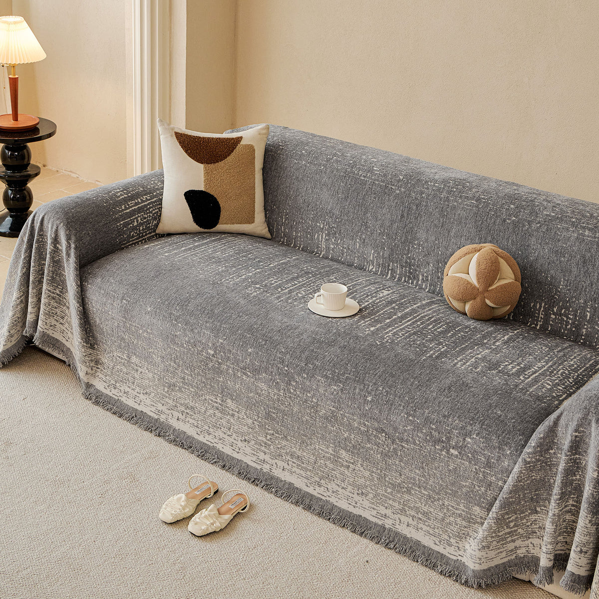 Distressed Abstract Chenille Sofa Throw Cover, Decorative Couch Protector with Tassels