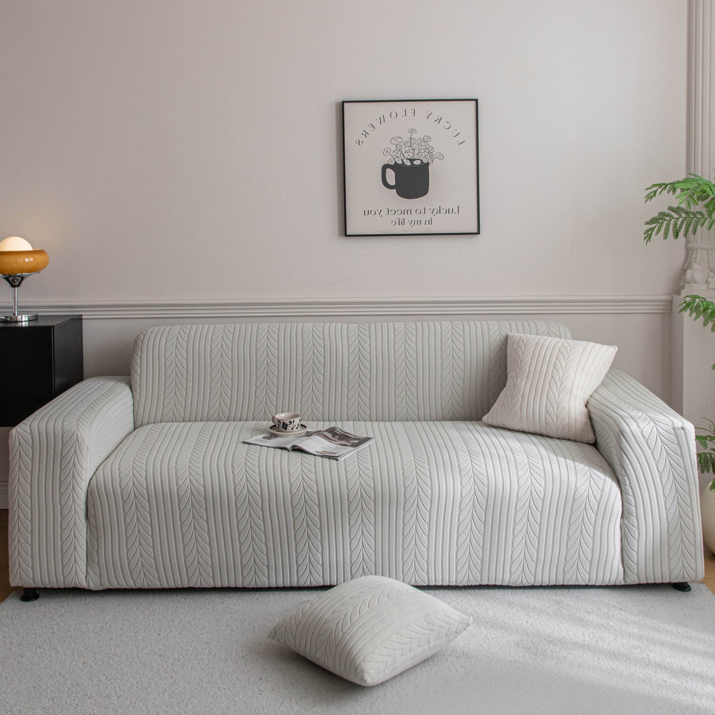 Plush Fleece Sofa Slipcover with 3D Wheat Pattern, Cozy High-Stretch Couch Cover