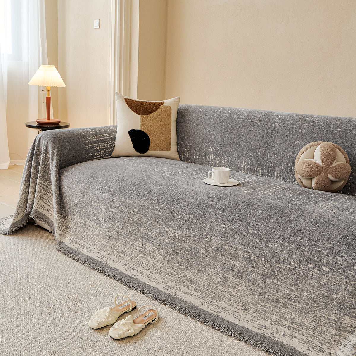 Distressed Abstract Chenille Sofa Throw Cover, Decorative Couch Protector with Tassels