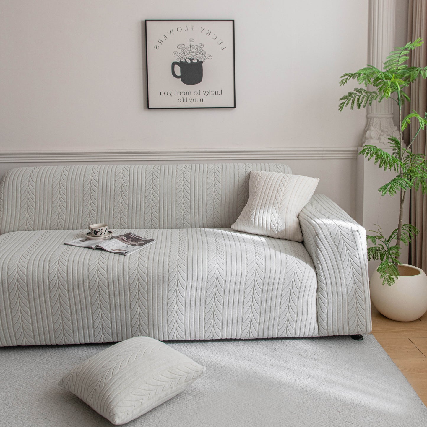 Plush Fleece Sofa Slipcover with 3D Wheat Pattern, Cozy High-Stretch Couch Cover