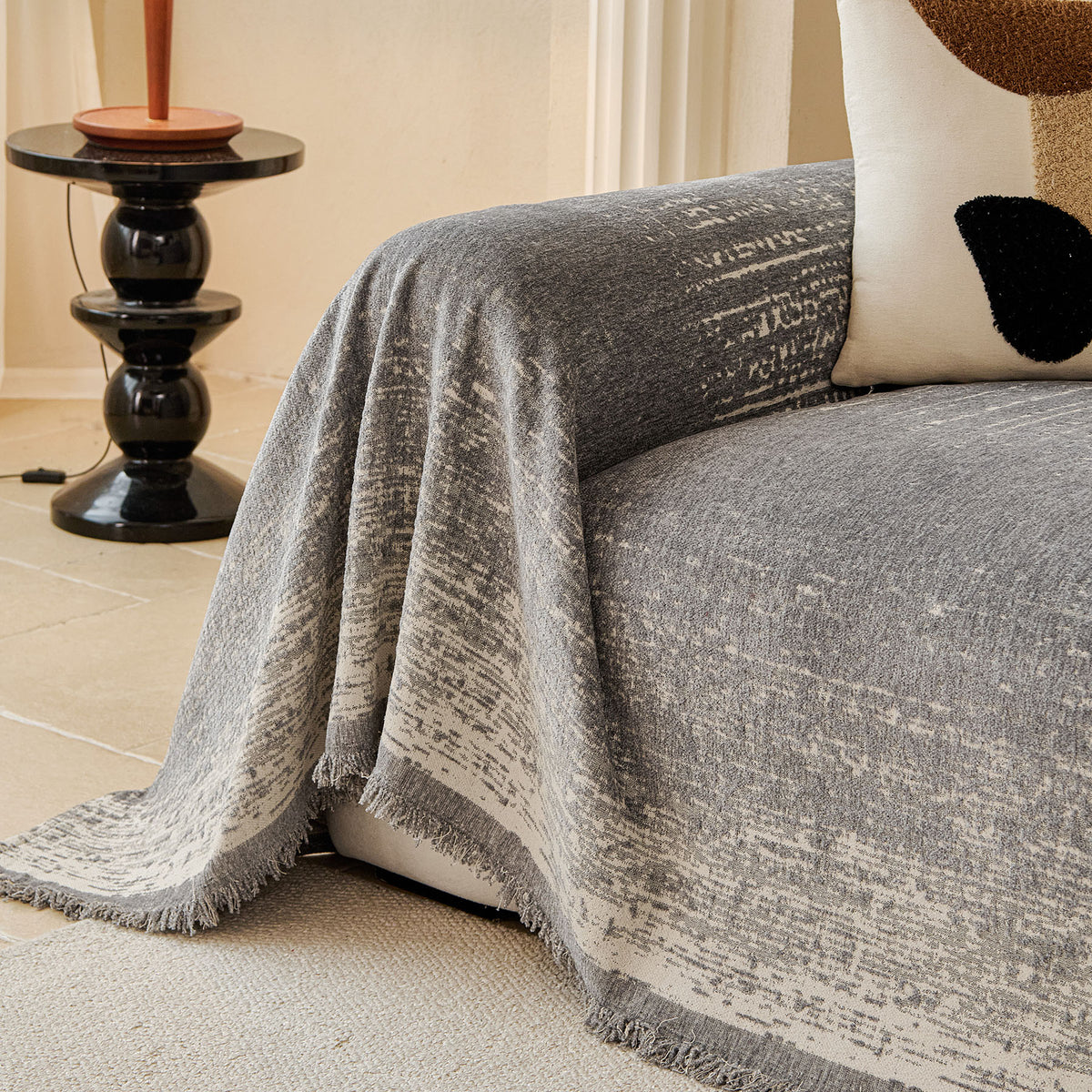 Distressed Abstract Chenille Sofa Throw Cover, Decorative Couch Protector with Tassels