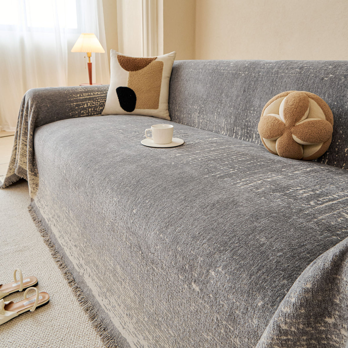 Distressed Abstract Chenille Sofa Throw Cover, Decorative Couch Protector with Tassels