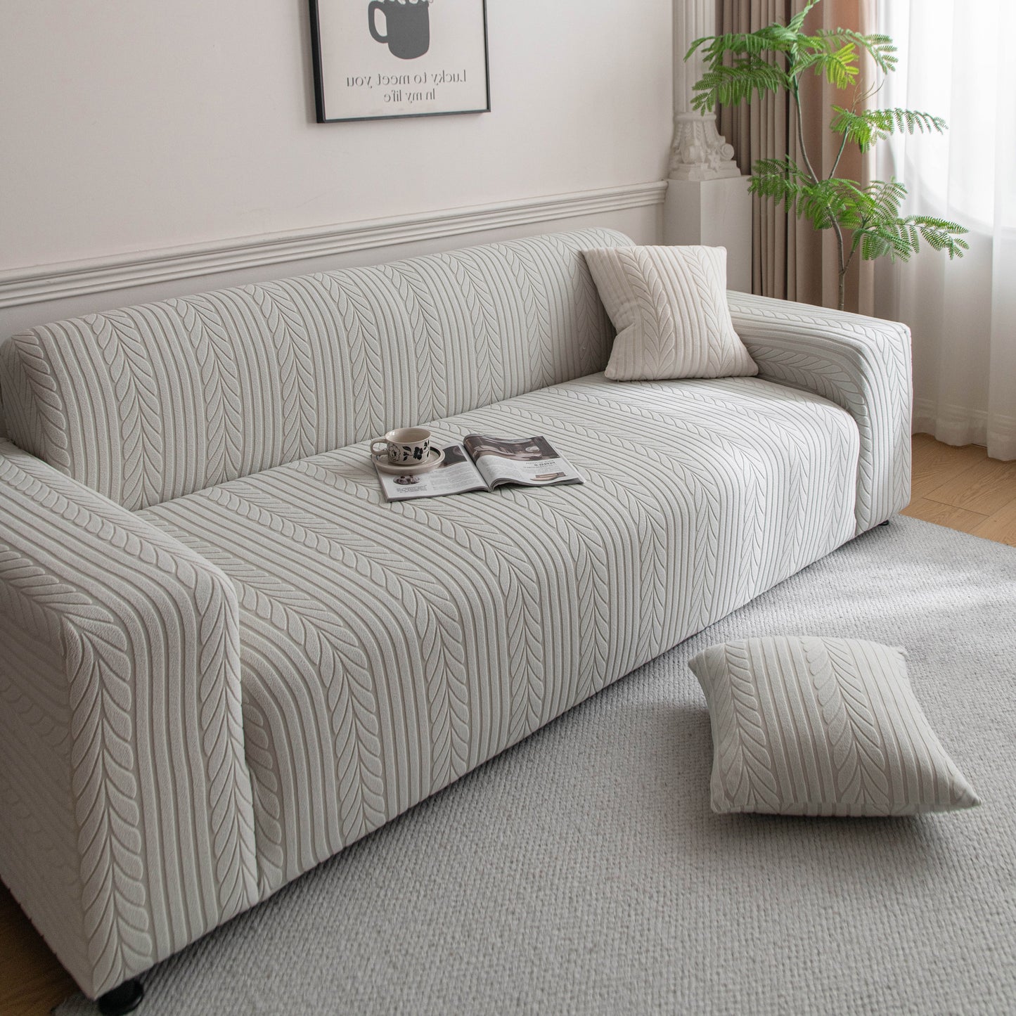 Plush Fleece Sofa Slipcover with 3D Wheat Pattern, Cozy High-Stretch Couch Cover