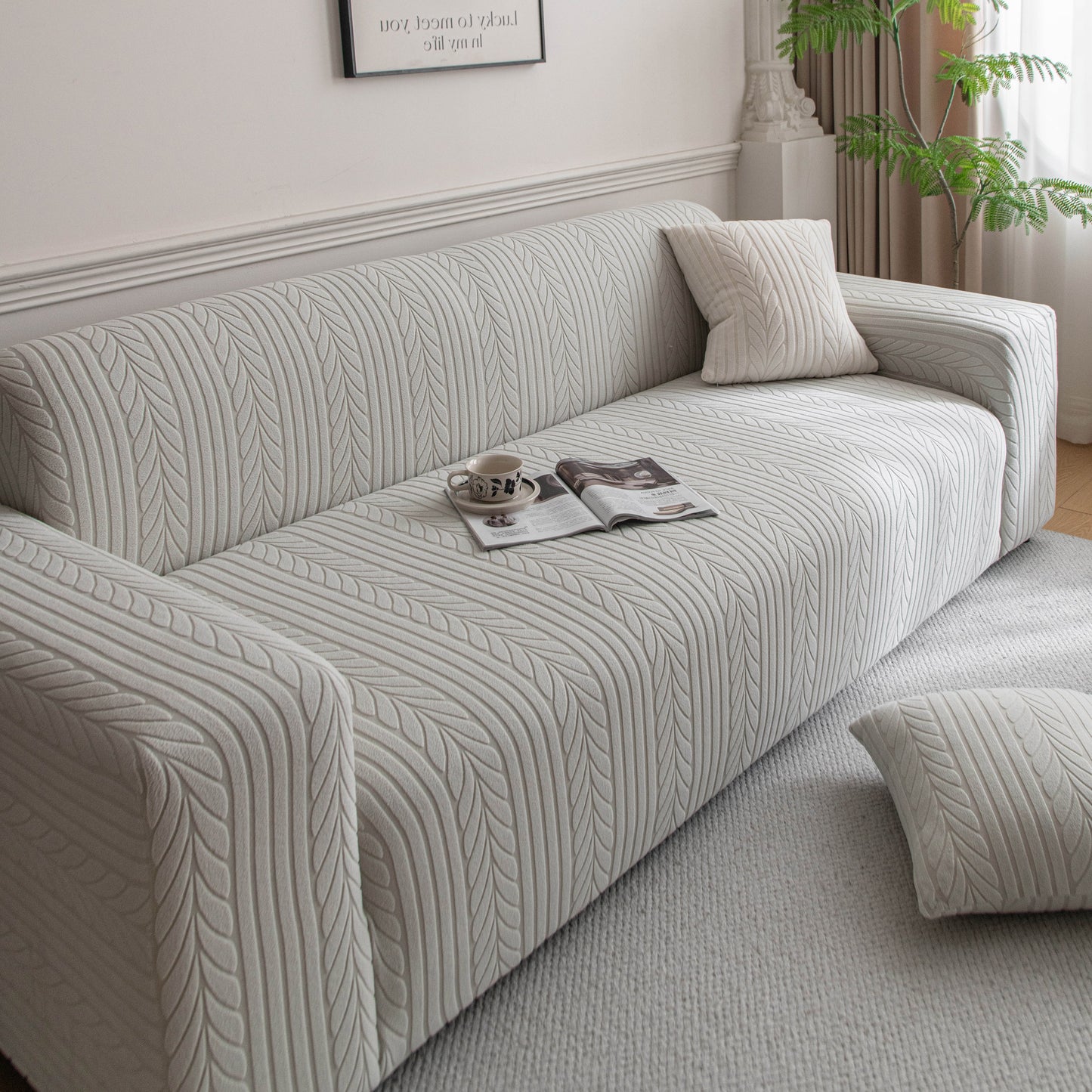 Plush Fleece Sofa Slipcover with 3D Wheat Pattern, Cozy High-Stretch Couch Cover