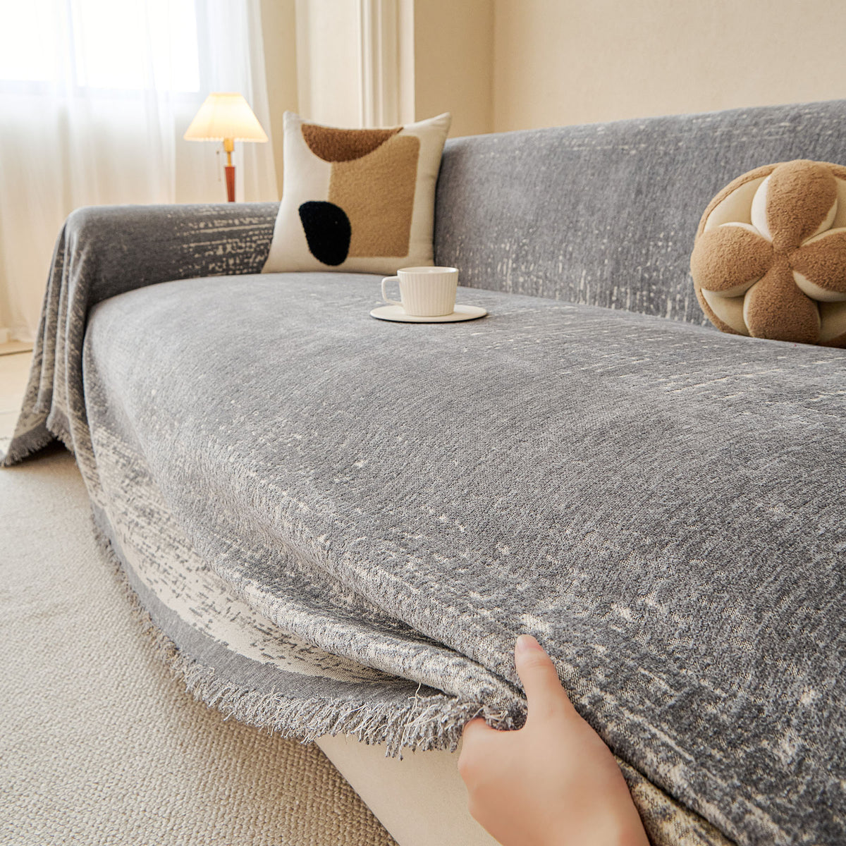 Distressed Abstract Chenille Sofa Throw Cover, Decorative Couch Protector with Tassels