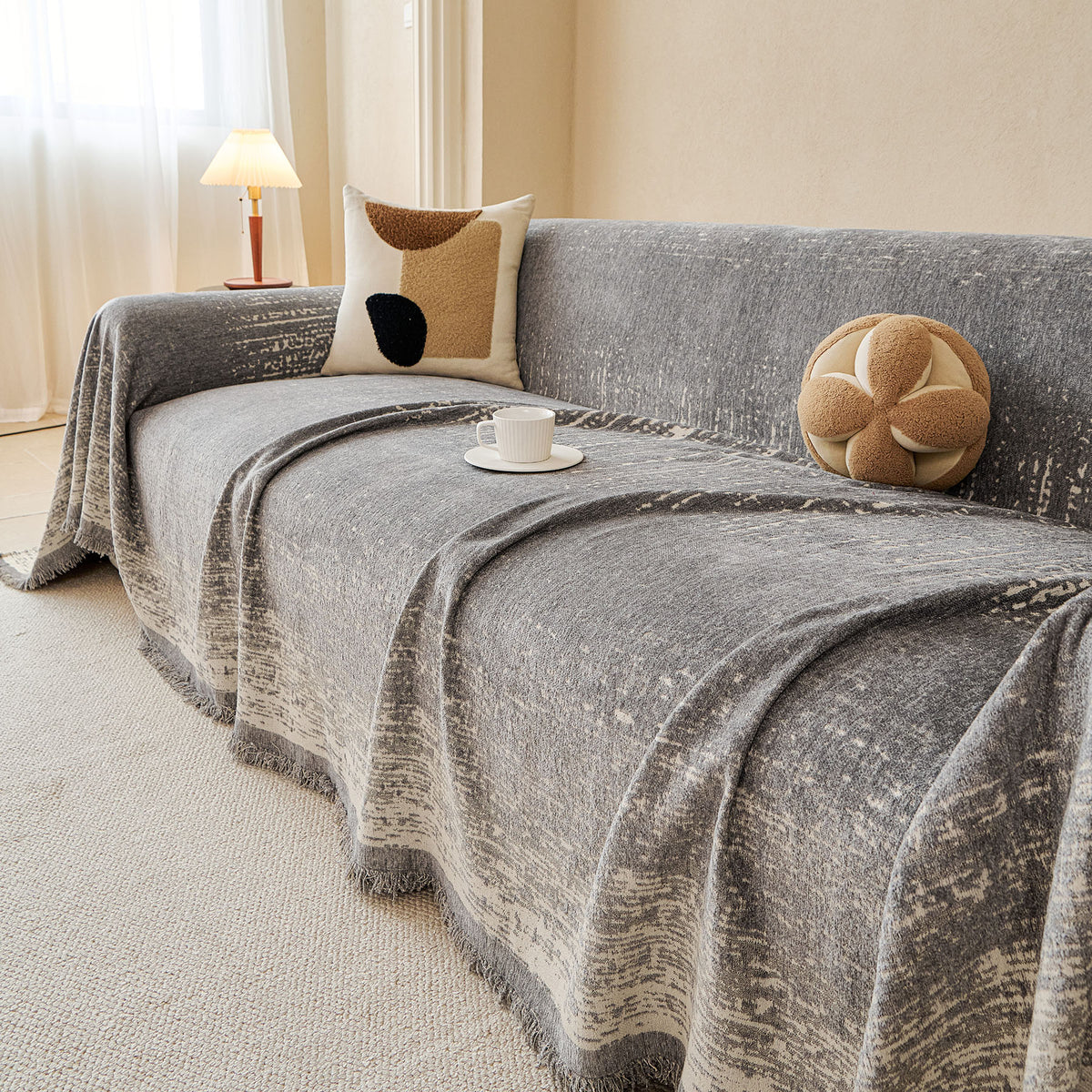 Distressed Abstract Chenille Sofa Throw Cover, Decorative Couch Protector with Tassels