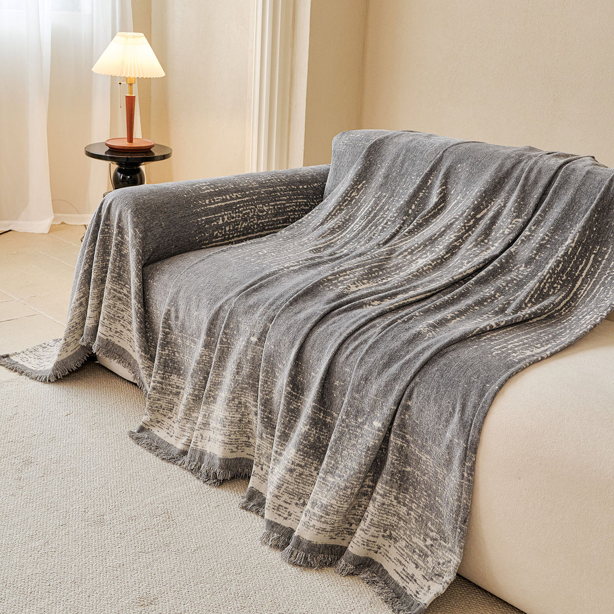 Distressed Abstract Chenille Sofa Throw Cover, Decorative Couch Protector with Tassels