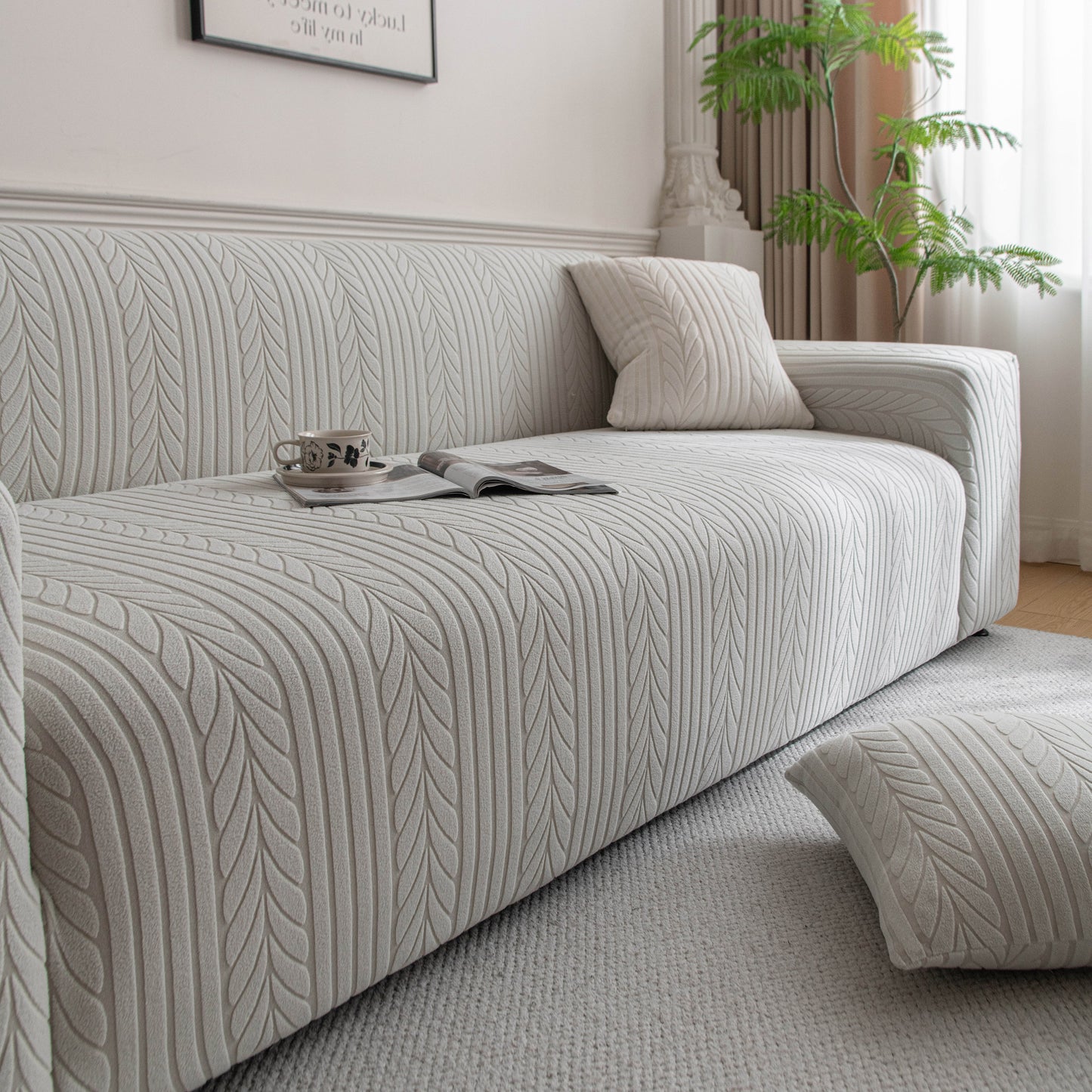 Plush Fleece Sofa Slipcover with 3D Wheat Pattern, Cozy High-Stretch Couch Cover