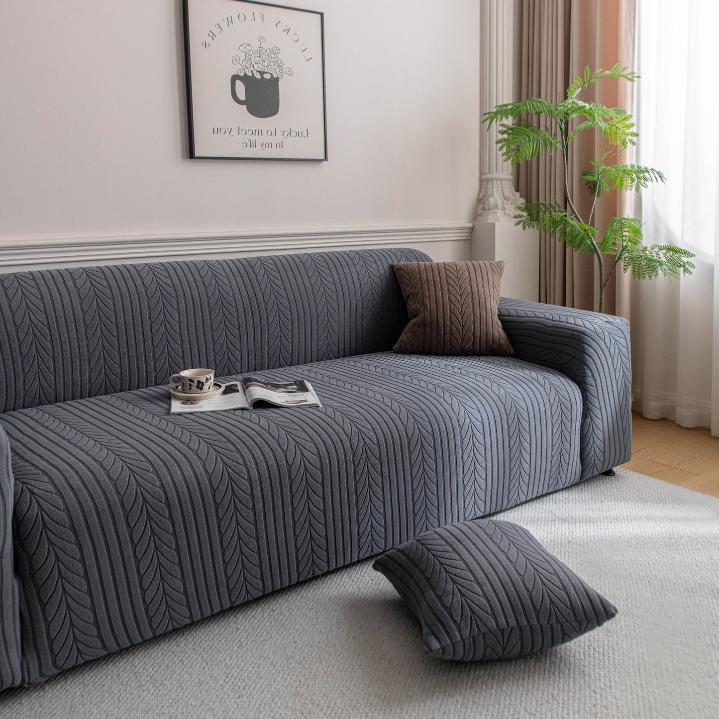 Plush Fleece Sofa Slipcover with 3D Wheat Pattern, Cozy High-Stretch Couch Cover