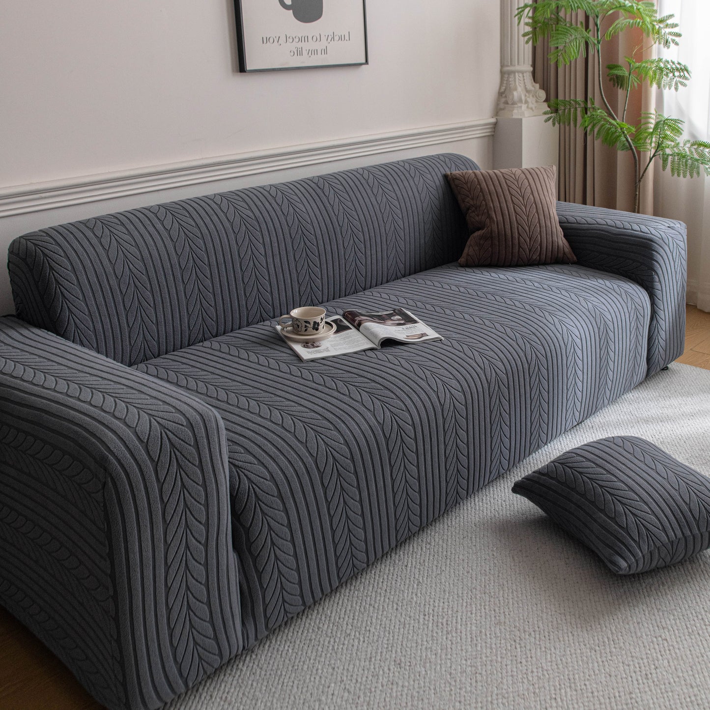 Plush Fleece Sofa Slipcover with 3D Wheat Pattern, Cozy High-Stretch Couch Cover