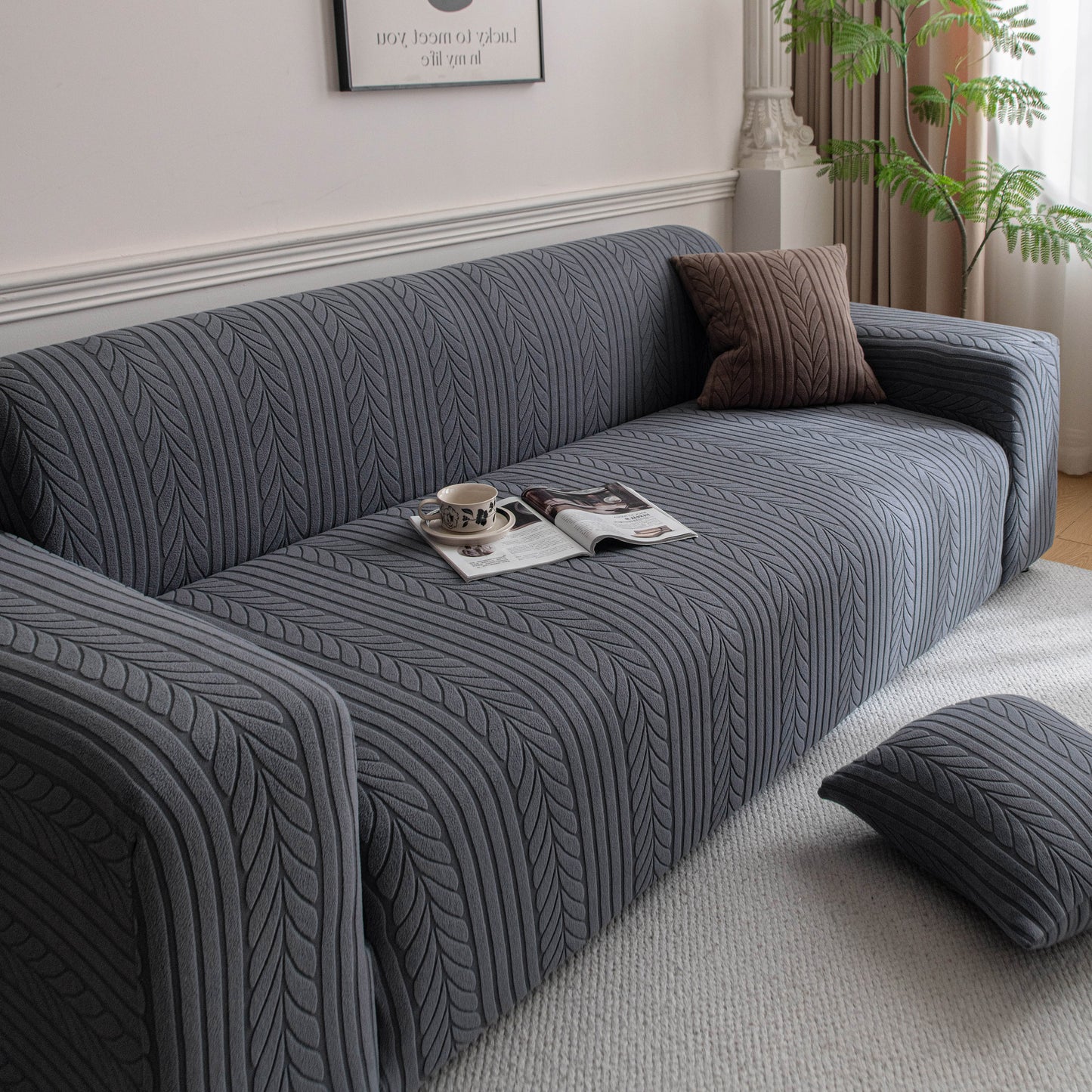 Plush Fleece Sofa Slipcover with 3D Wheat Pattern, Cozy High-Stretch Couch Cover