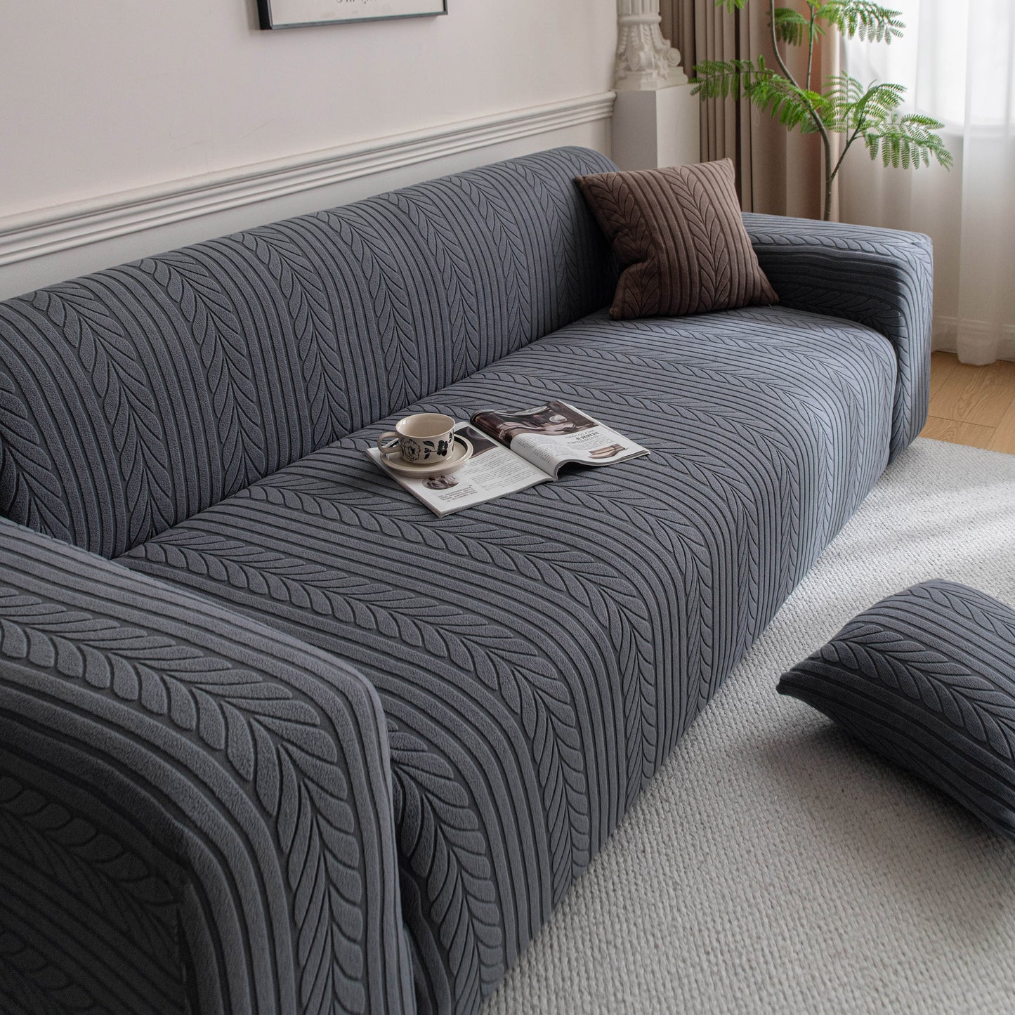 Plush Fleece Sofa Slipcover with 3D Wheat Pattern, Cozy High-Stretch Couch Cover