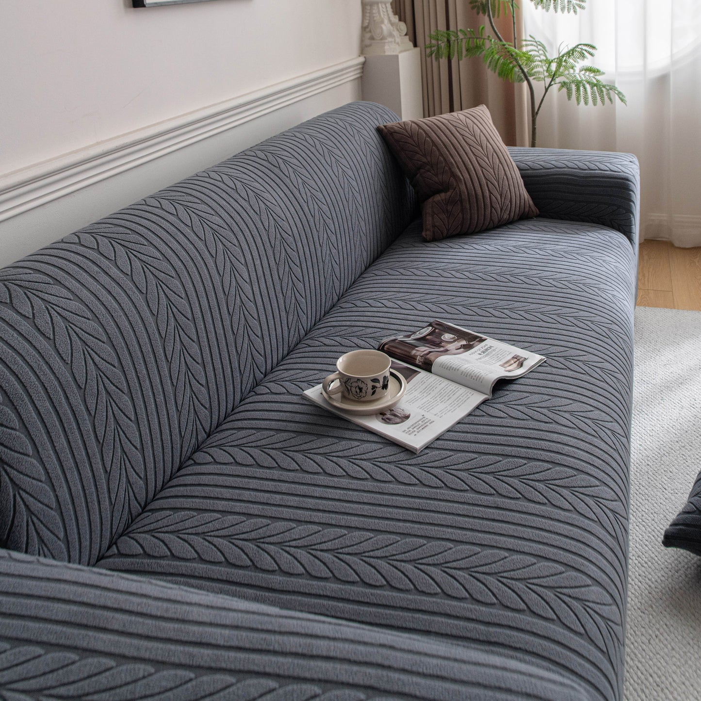 Plush Fleece Sofa Slipcover with 3D Wheat Pattern, Cozy High-Stretch Couch Cover