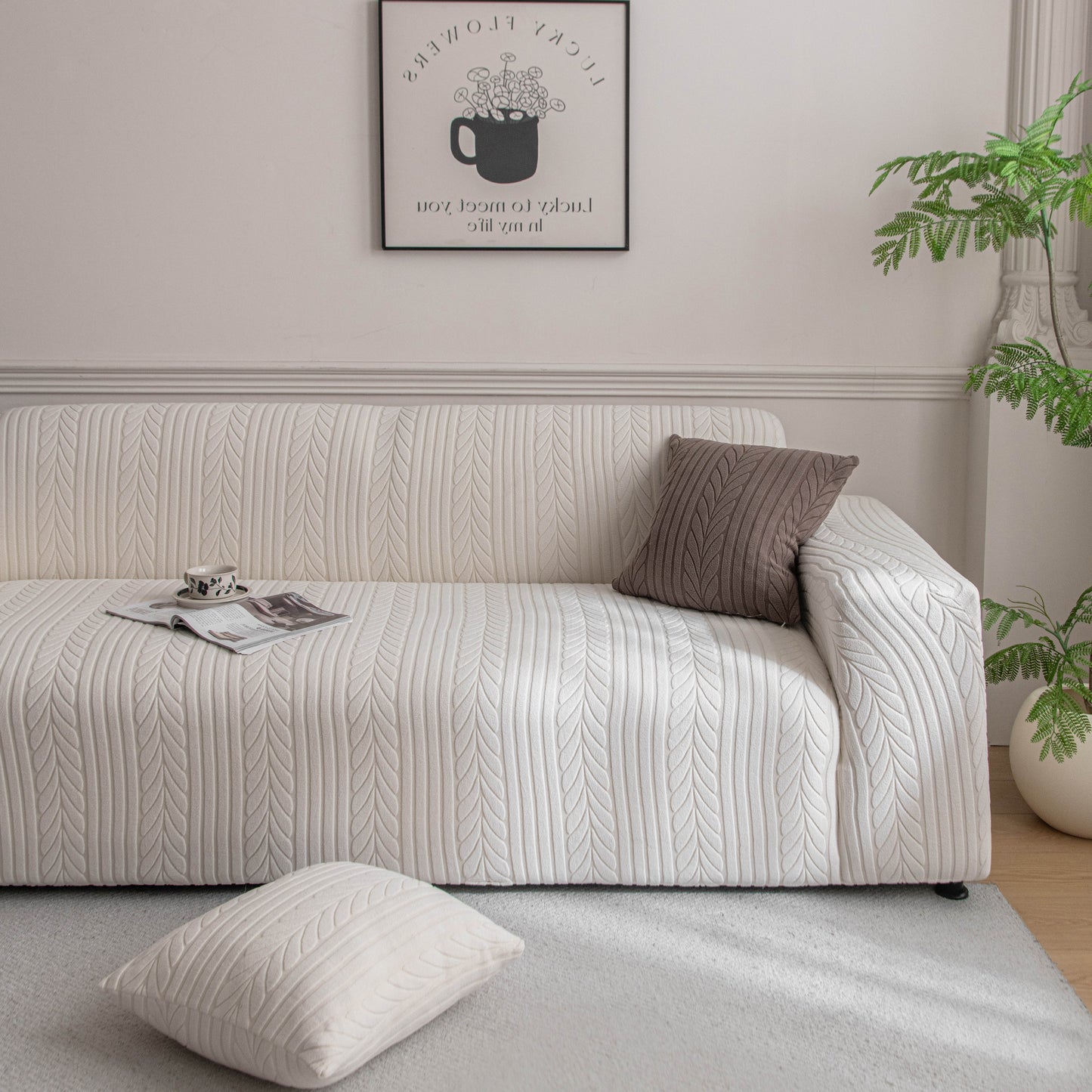 Plush Fleece Sofa Slipcover with 3D Wheat Pattern, Cozy High-Stretch Couch Cover