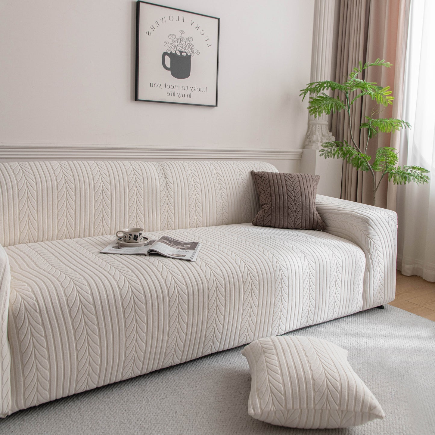 Plush Fleece Sofa Slipcover with 3D Wheat Pattern, Cozy High-Stretch Couch Cover