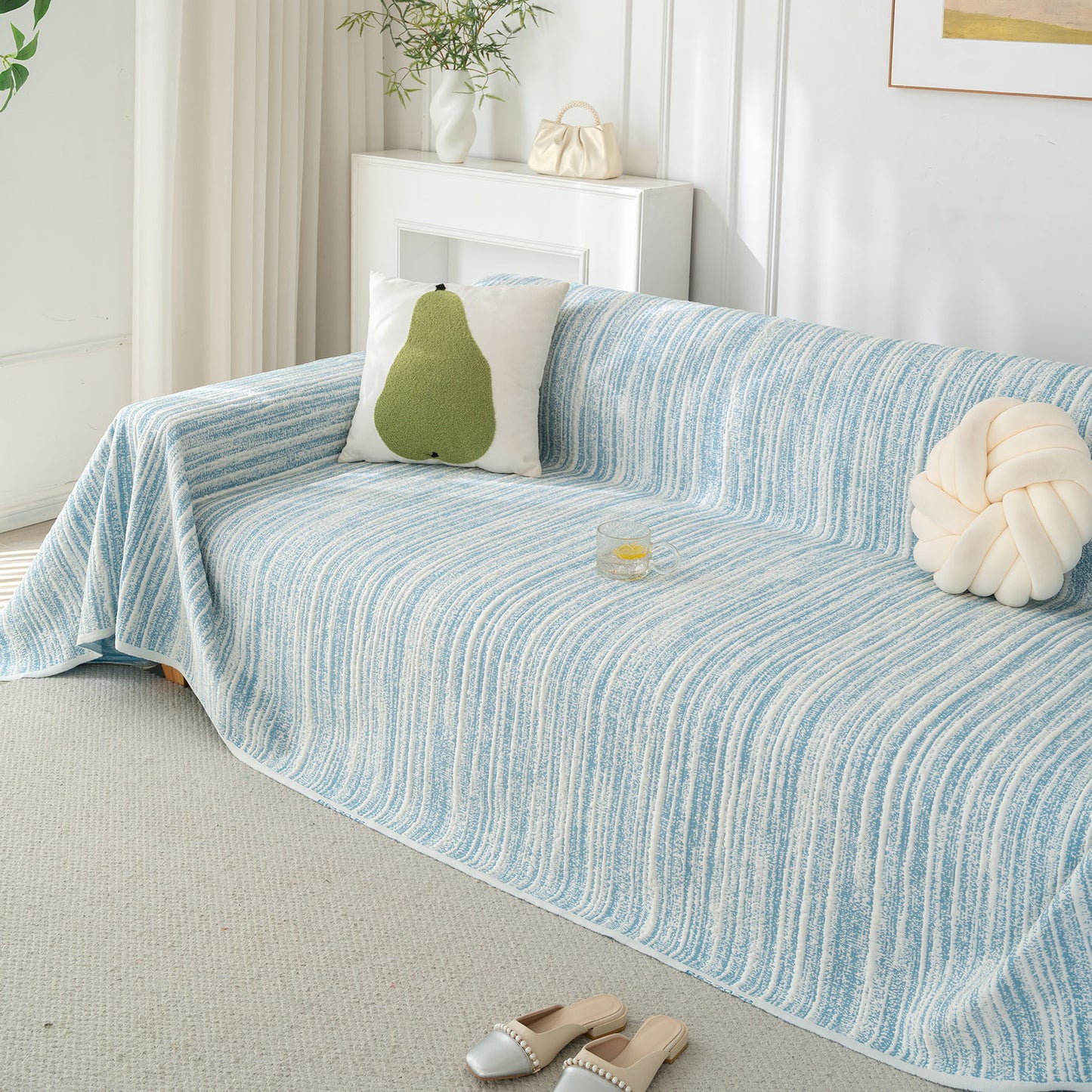 Summer Cooling Ice Silk Sofa Cover, Textured Stripe Soft Breathable Couch Throw Cover