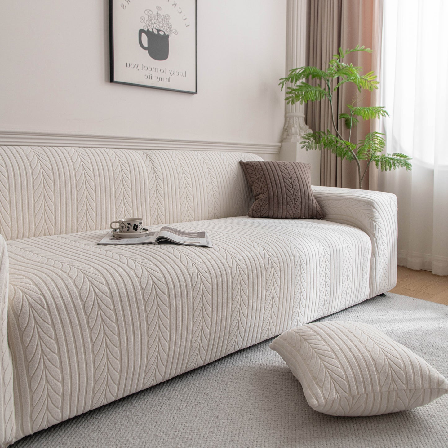 Plush Fleece Sofa Slipcover with 3D Wheat Pattern, Cozy High-Stretch Couch Cover