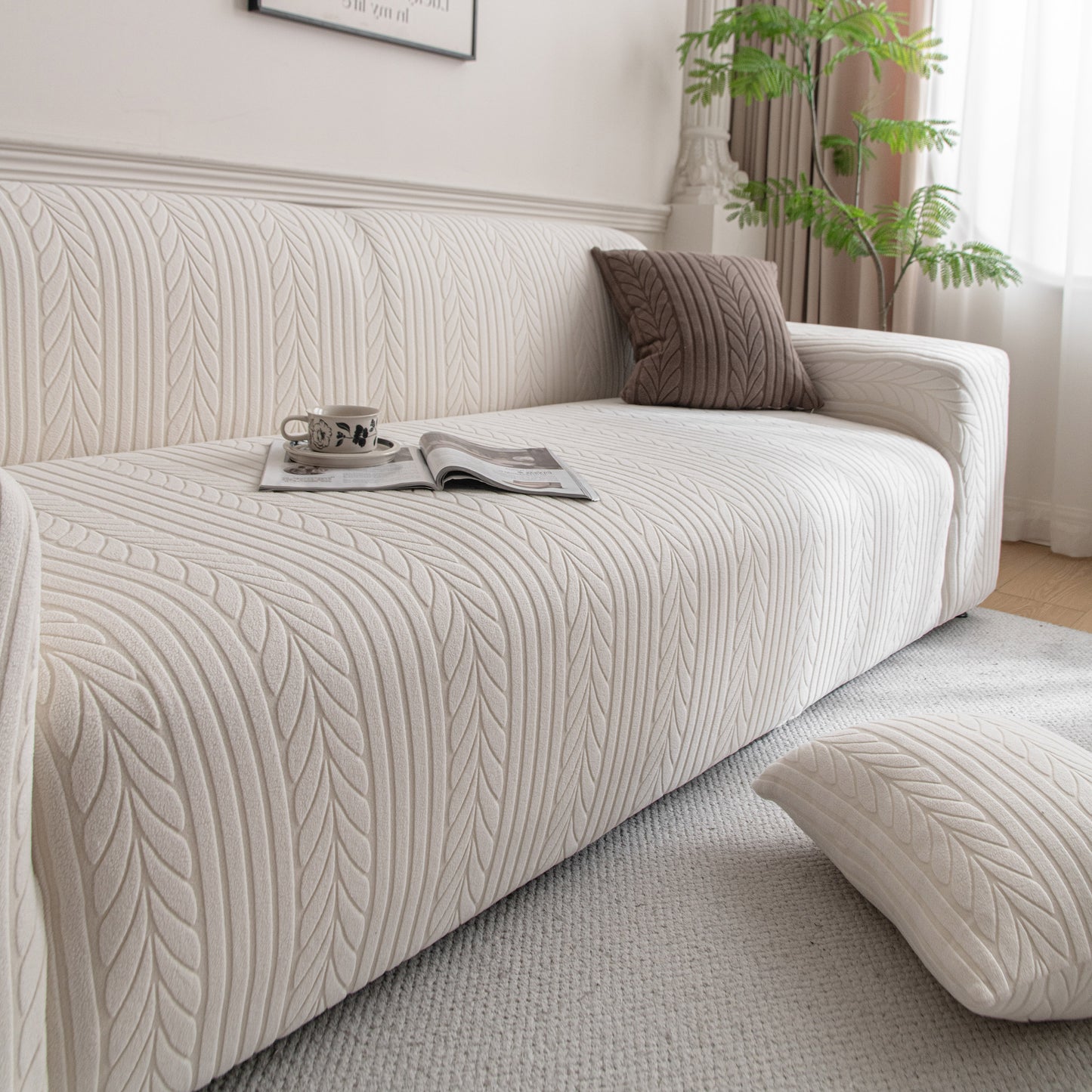 Plush Fleece Sofa Slipcover with 3D Wheat Pattern, Cozy High-Stretch Couch Cover